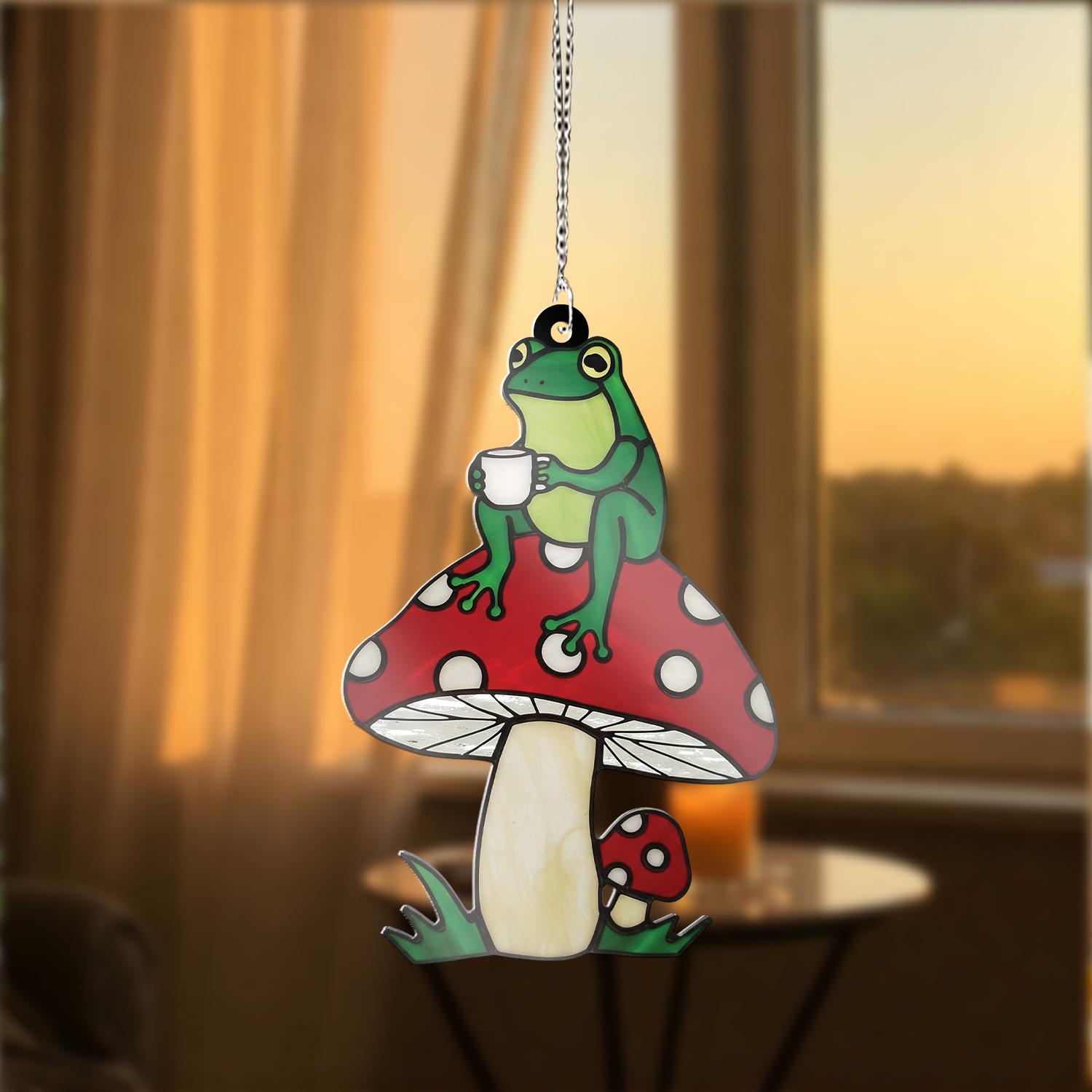Frog on Mushroom ACRYLIC Window Hanging, Cute Coffee Frog Art, Whimsical Frog Window Decor, Cottagecore Frog Gift, Funny Home Decor