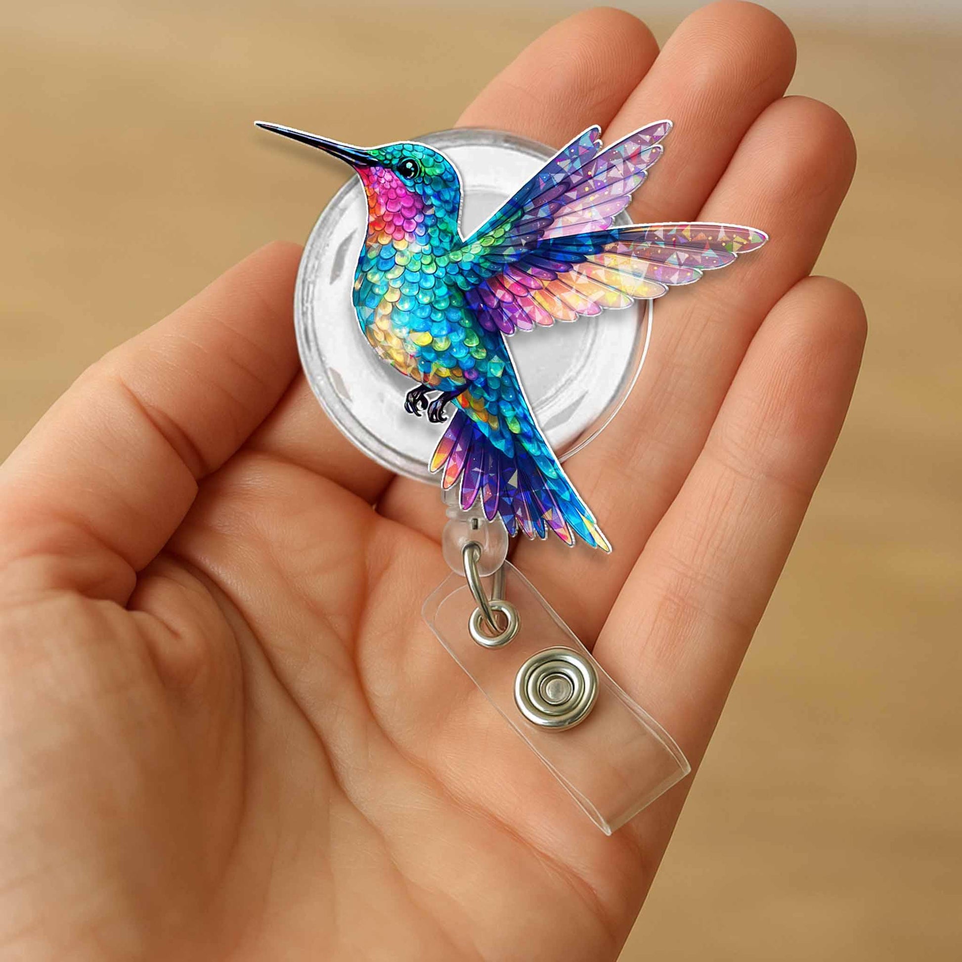 Vibrant Hummingbird Badge Reel, Cute Retractable ID Holder for Nurse, Teacher, Office Worker, Colorful Bird Lover Gift Accessory