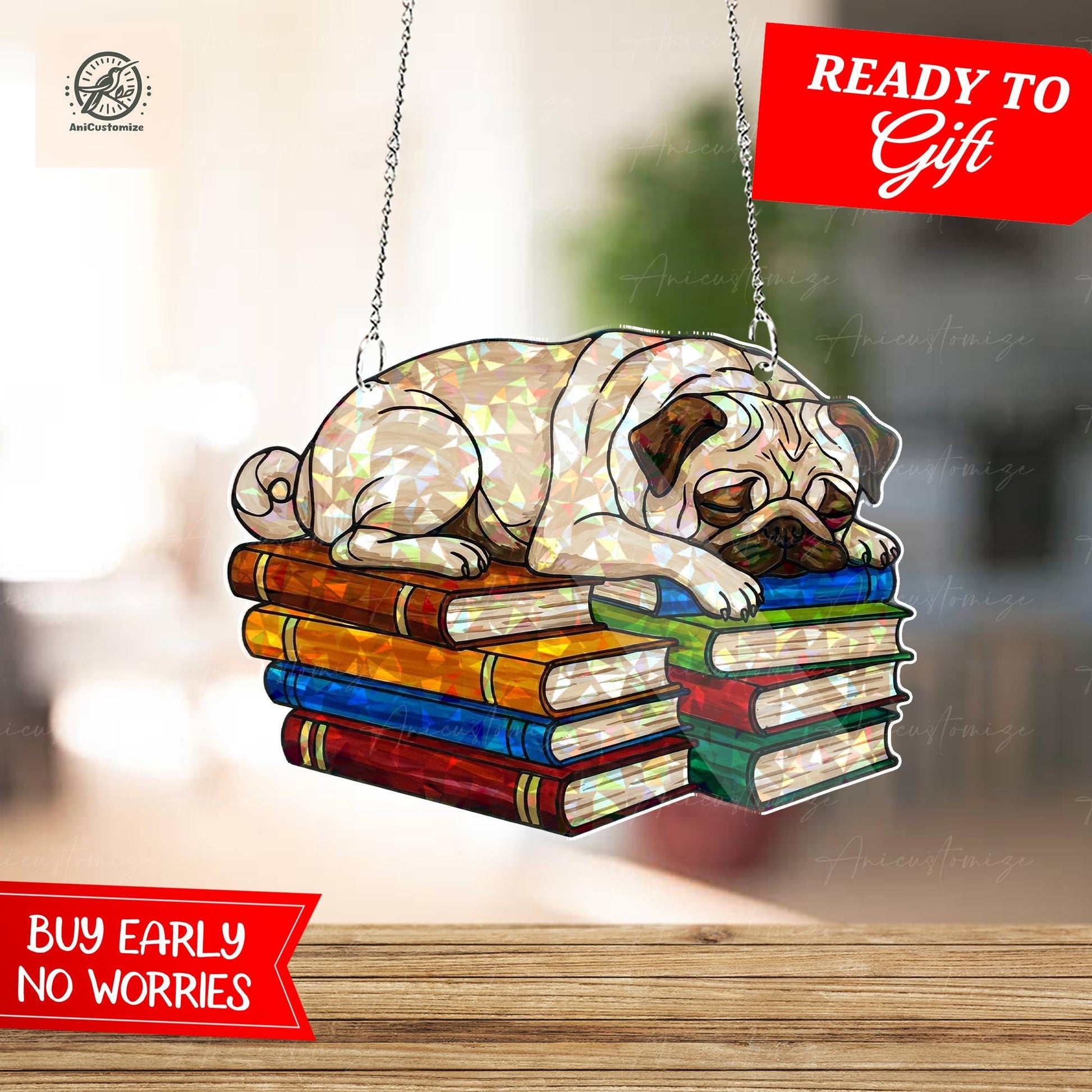 Pug Sleeping On Bookstack Hologram Decor, Pug Bookish Decor, Pug Lover Gift, Pug Mom Gift, Book Lover, Reading Lover Gift, Gift For Dog Mom