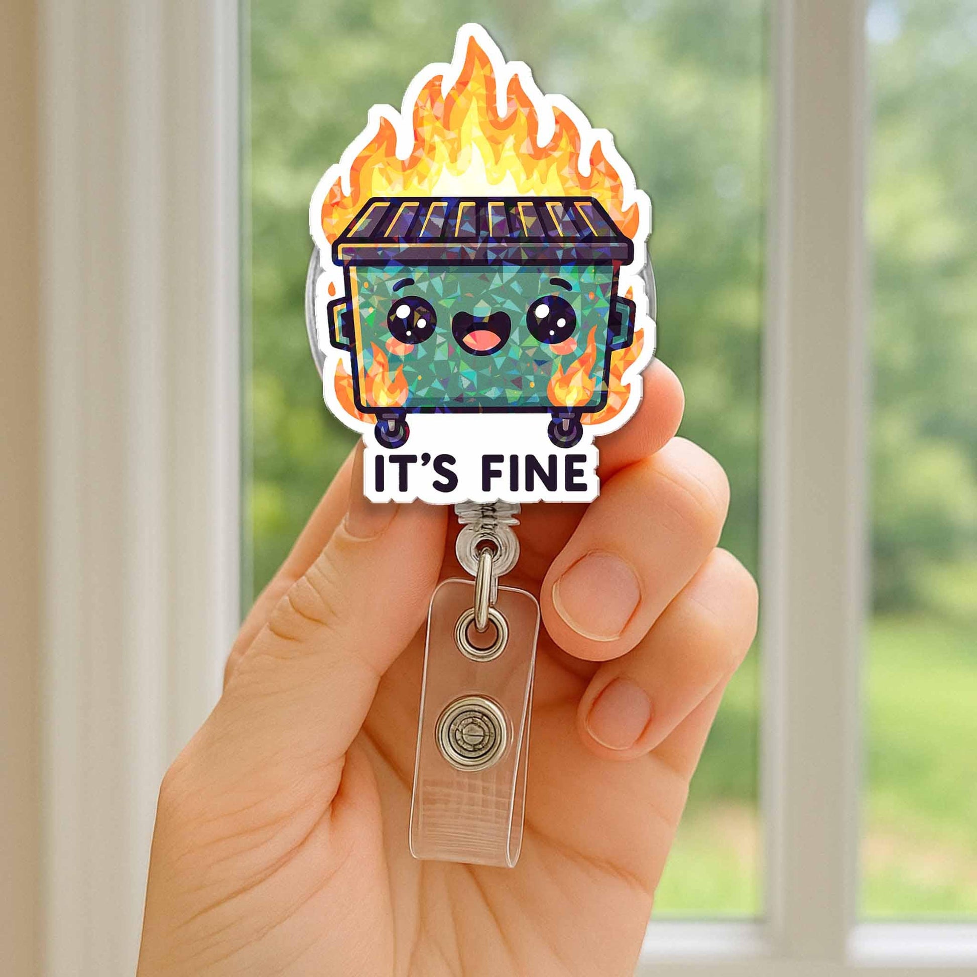 Funny Dumpster Fire "It's Fine" Retractable Badge Reel, Cute Kawaii Meme ID Holder Alligator Clip, Nurse Teacher Office Gift