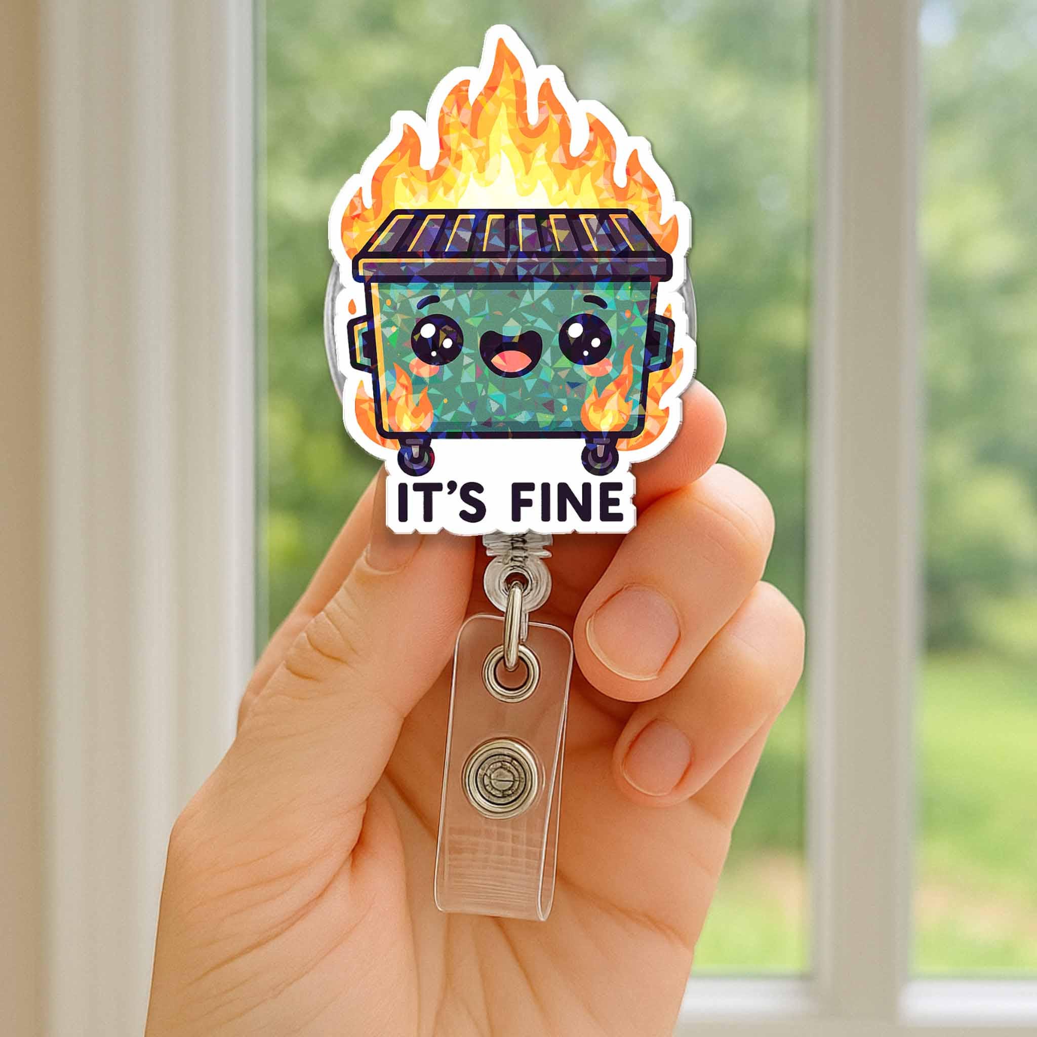 Funny Dumpster Fire "It's Fine" Retractable Badge Reel, Cute Kawaii Meme ID Holder Alligator Clip, Nurse Teacher Office Gift
