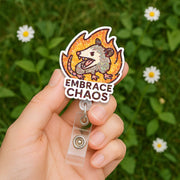 Embrace Chaos Opossum Badge Reel, Funny Possum ID Holder, Cute Retractable Lanyard Clip for Nurse Teacher Office, Animal Gift