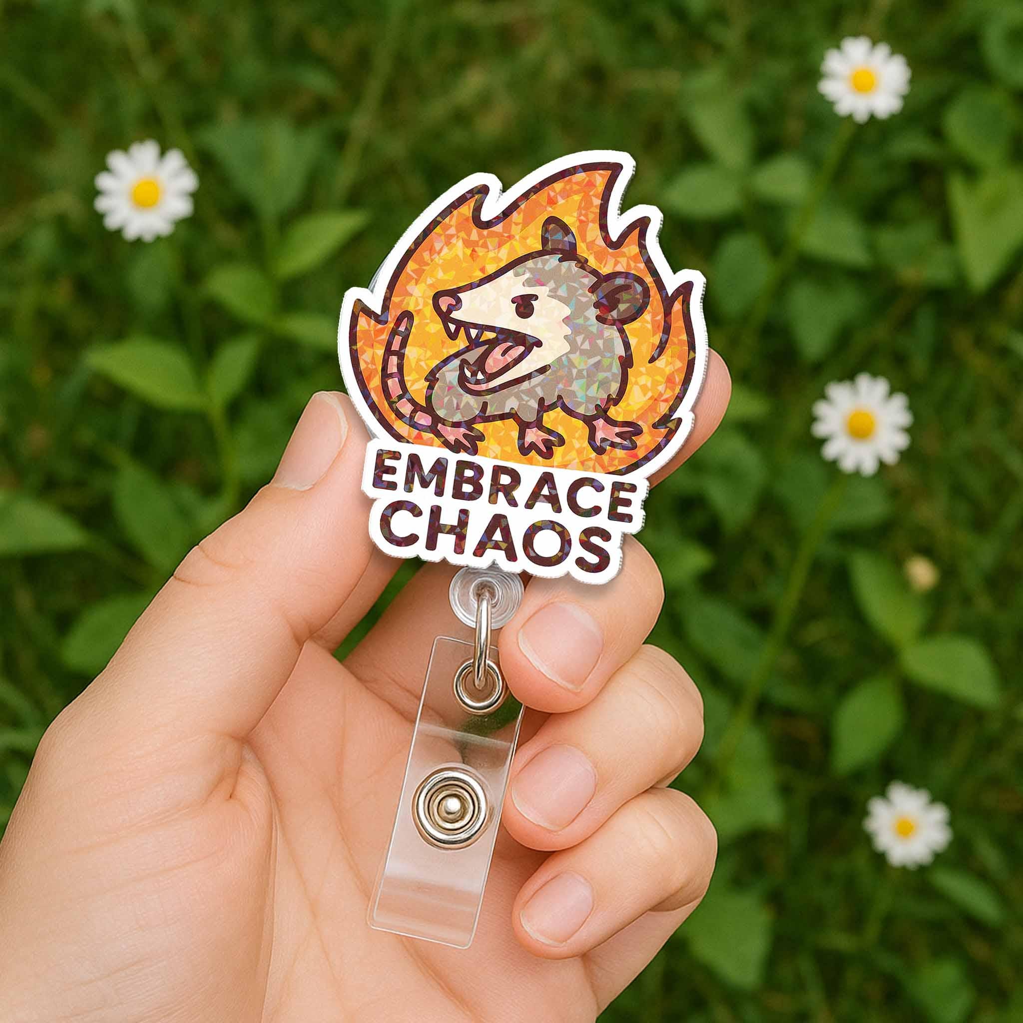 Embrace Chaos Opossum Badge Reel, Funny Possum ID Holder, Cute Retractable Lanyard Clip for Nurse Teacher Office, Animal Gift