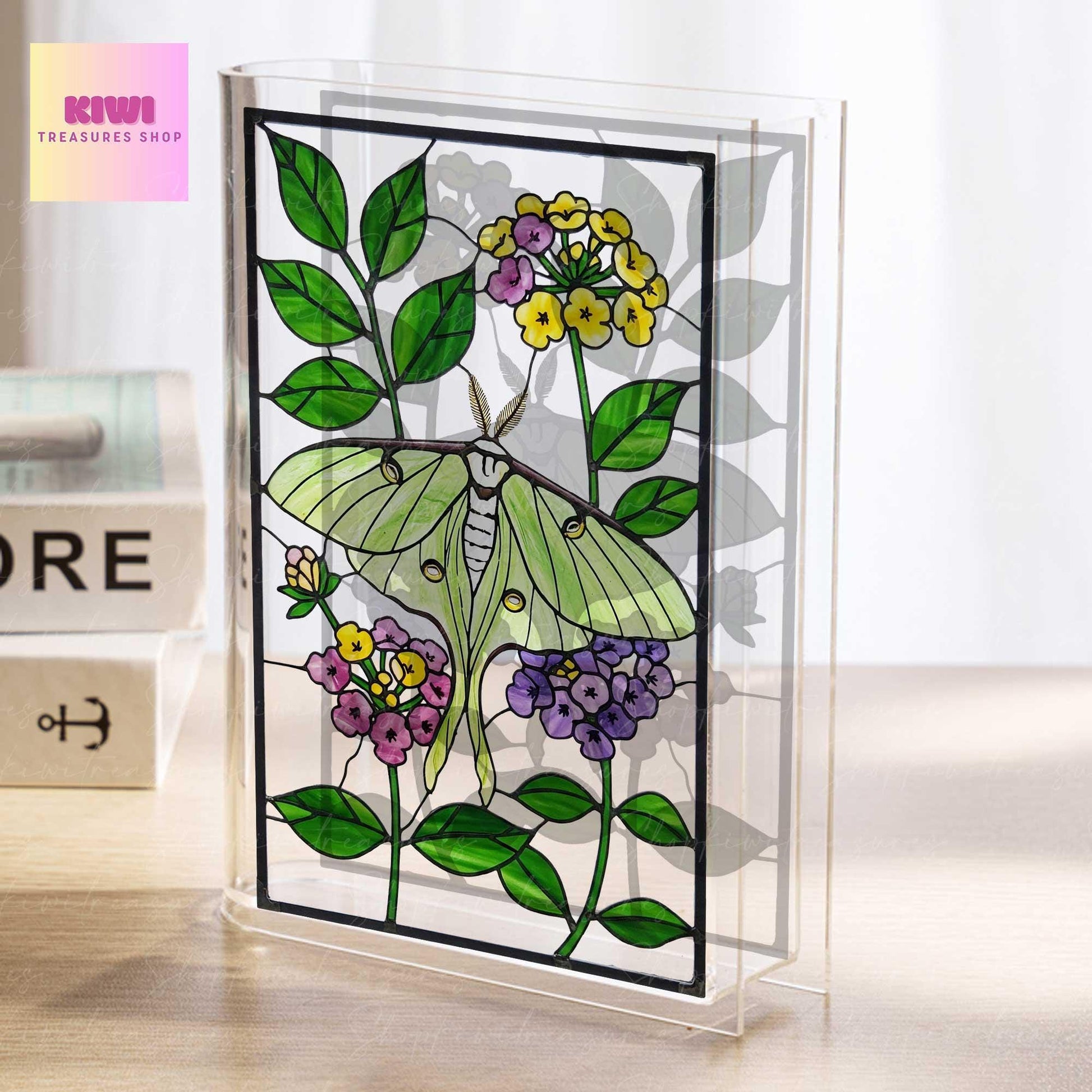 Luna Moth Acrylic Book Vase – Frosted Transparent Vase Gift for Mom, Grandma, Teachers – Bookworm & Nature Lover Decor- Gardening Bookish