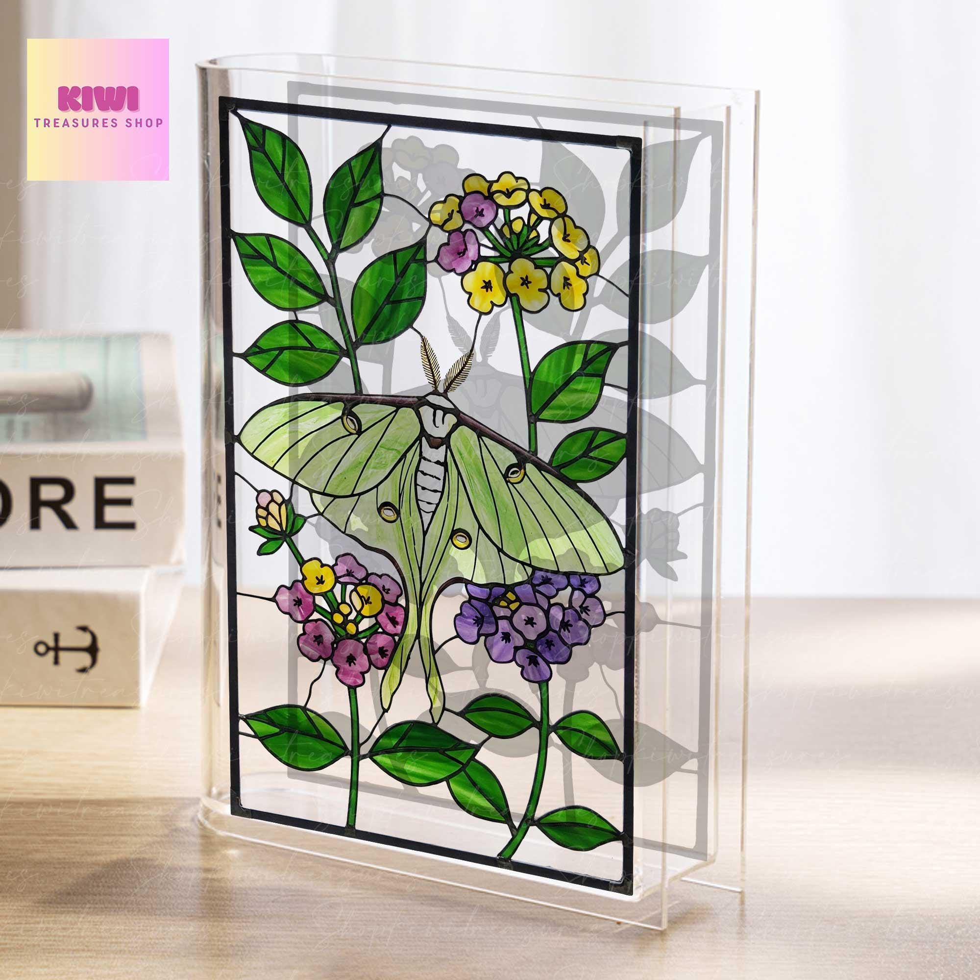 Luna Moth Acrylic Book Vase – Frosted Transparent Vase Gift for Mom, Grandma, Teachers – Bookworm & Nature Lover Decor- Gardening Bookish