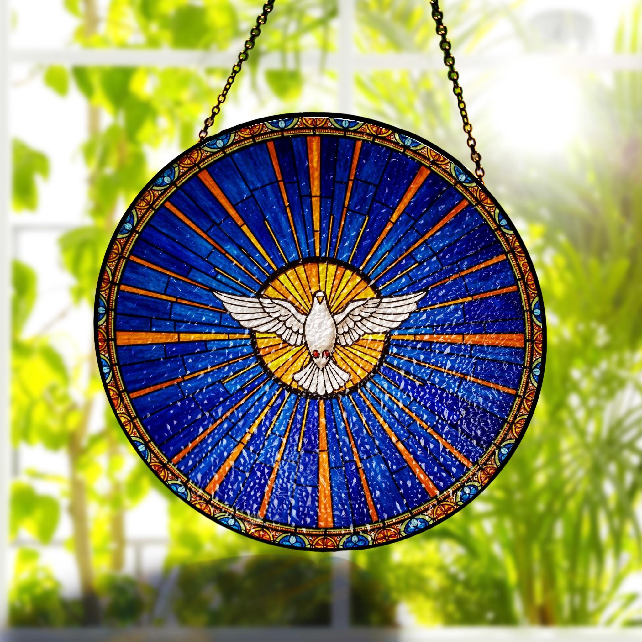 Holy Spirit Dove Suncatcher – White Dove Glass Window Hanging, Christian Gift for Mom, Prayer Room Decor, Faith Stained Glass Art