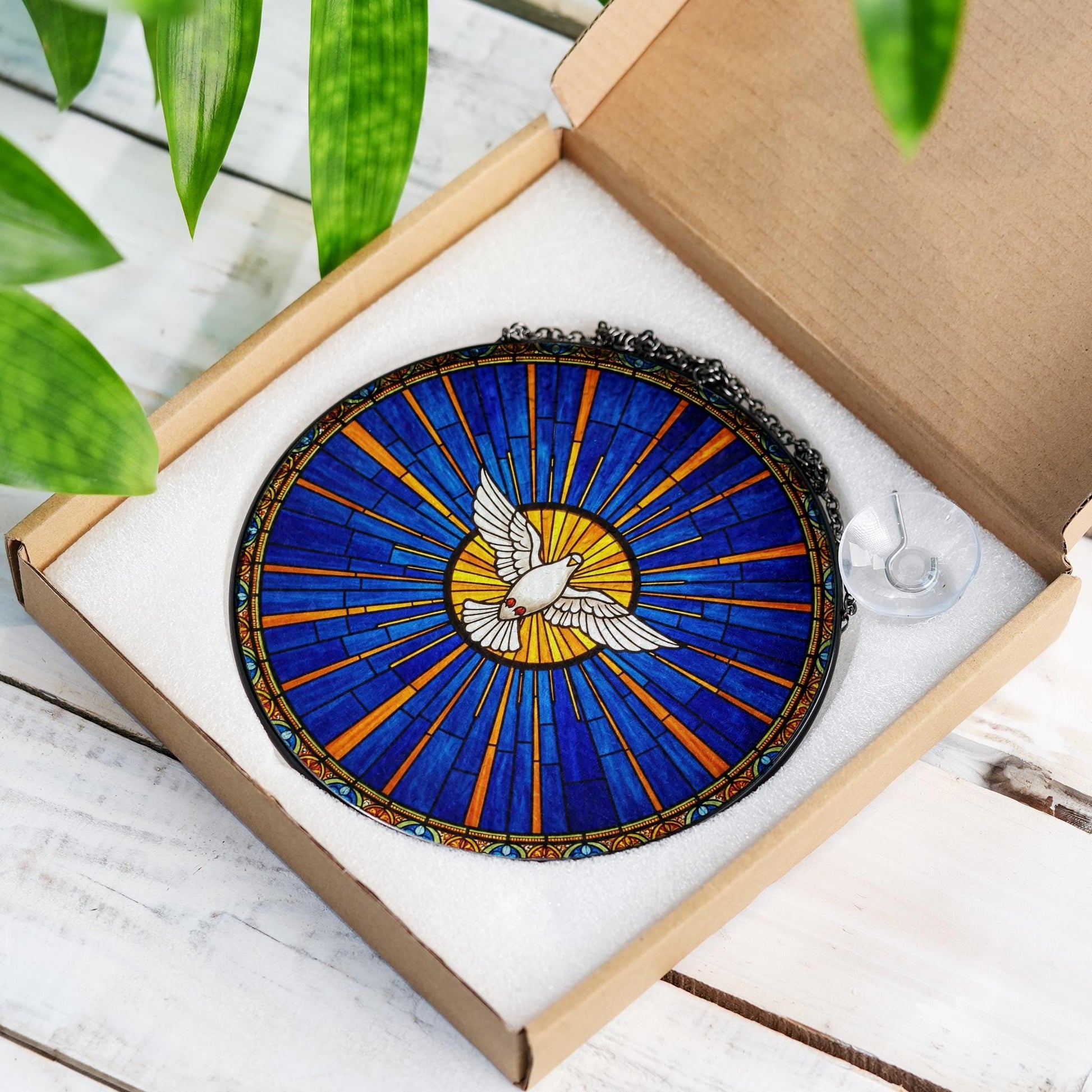 Holy Spirit Dove Suncatcher – White Dove Glass Window Hanging, Christian Gift for Mom, Prayer Room Decor, Faith Stained Glass Art