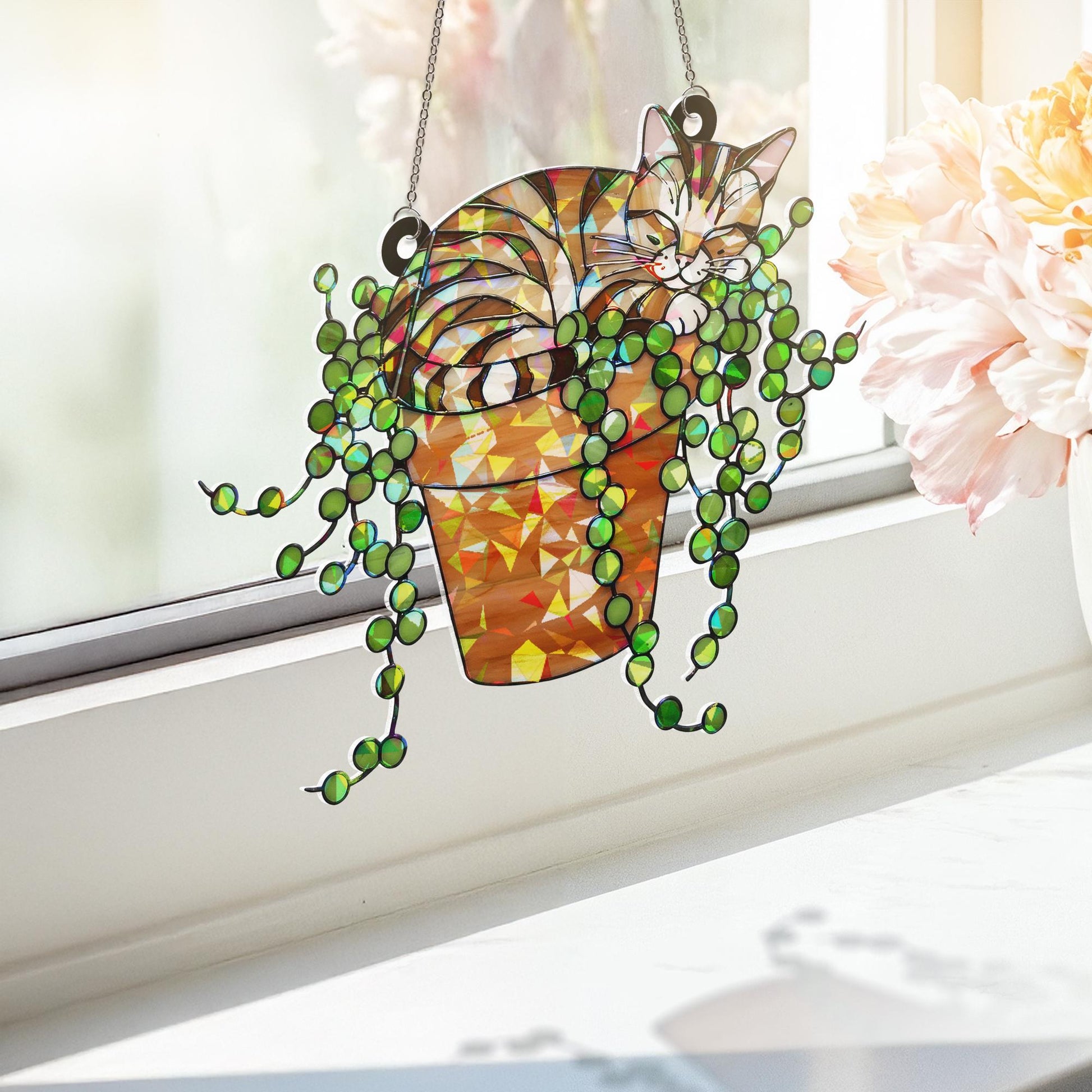Tabby Cat & String of Pearl ACRYLIC Hologram Glass Hanging – Cat Mom Gift, Broken Glass Style Window Art, Plant Lover Decor