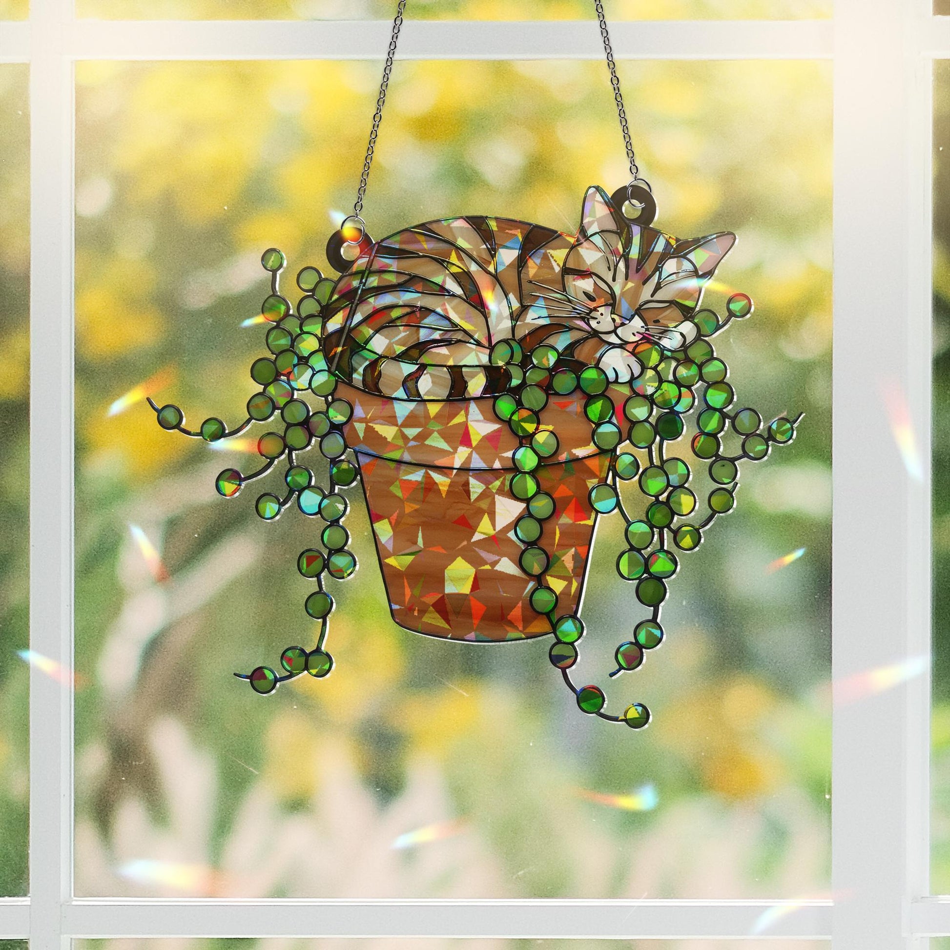 Tabby Cat & String of Pearl ACRYLIC Hologram Glass Hanging – Cat Mom Gift, Broken Glass Style Window Art, Plant Lover Decor