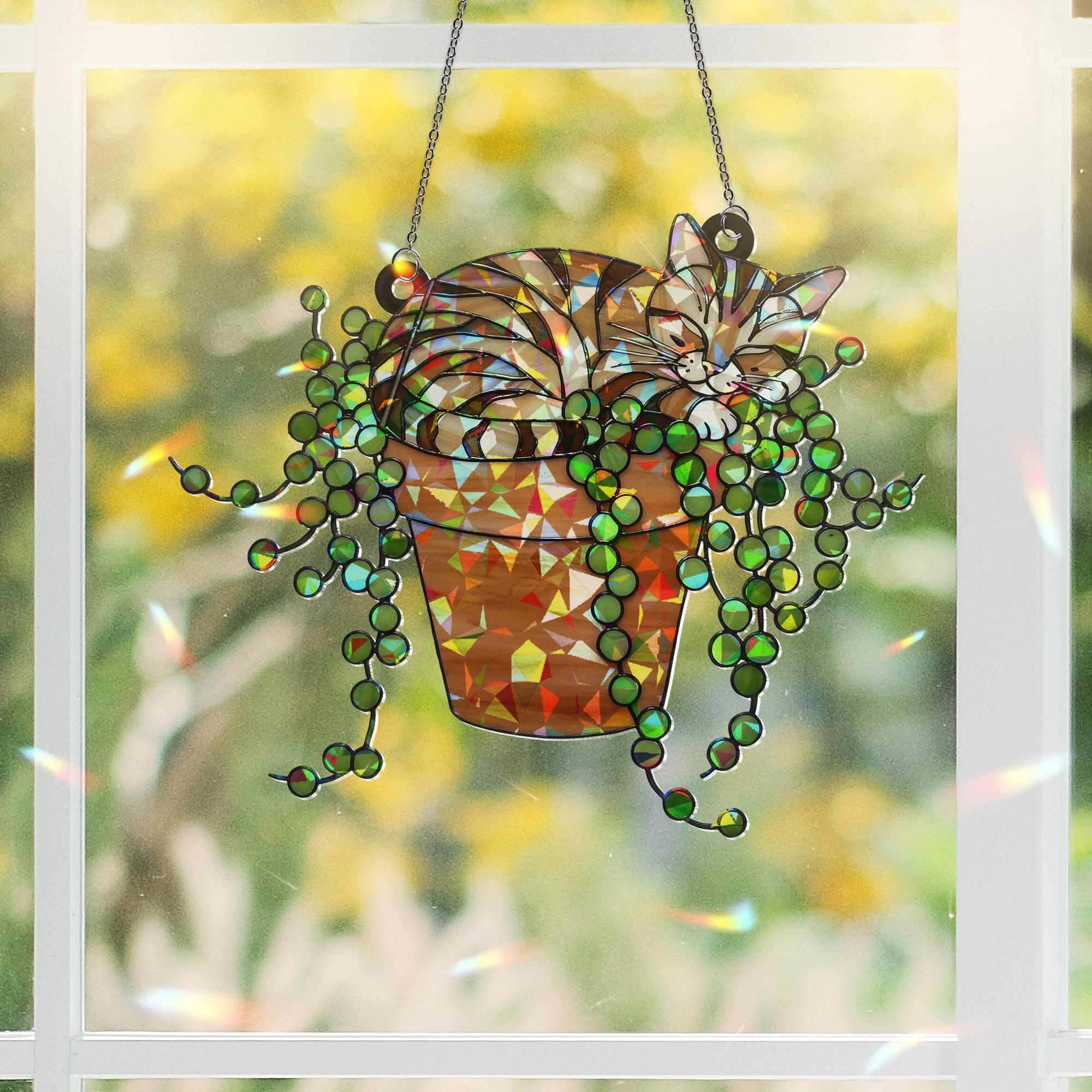 Tabby Cat & String of Pearl ACRYLIC Hologram Glass Hanging – Cat Mom Gift, Broken Glass Style Window Art, Plant Lover Decor