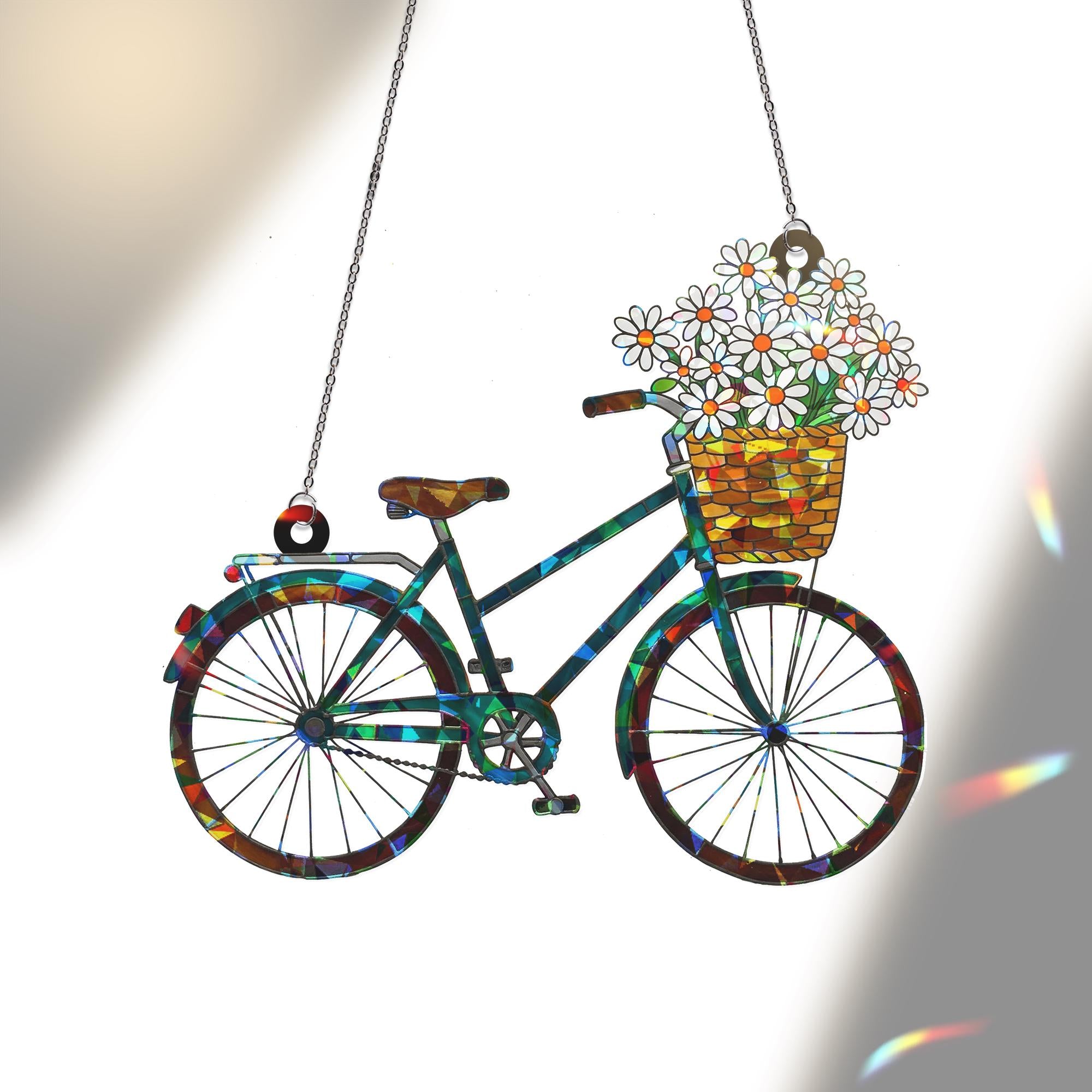 Bicycle with Flower Basket Hologram Ornament – Vintage Bike Window Decor, Gift for Dog Moms Who Love Flowers & Cycling