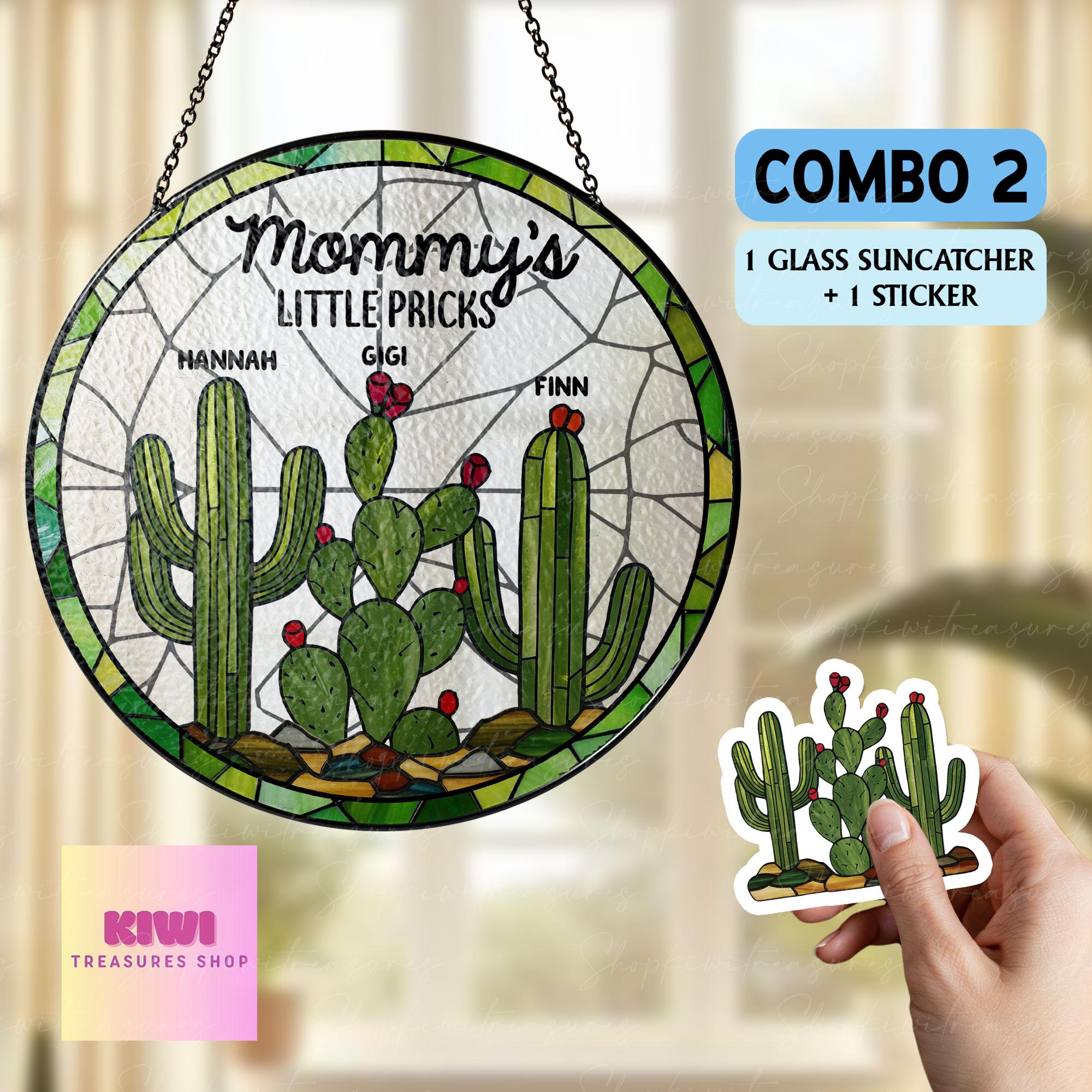 Mom's Little Pricks Glass Suncatcher – Funny Mother’s Day Gift with Kids’ Names, Custom Cactus Ornament for Mom, Personalized Window Decor