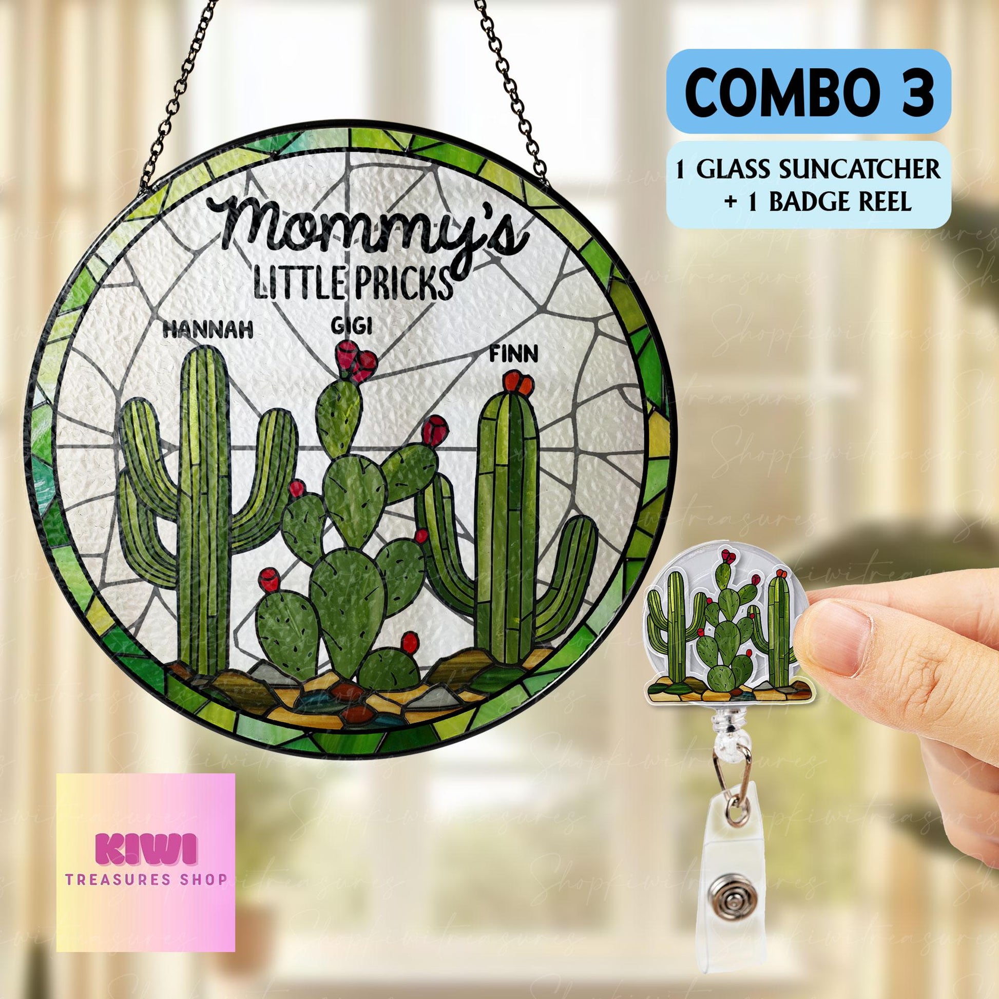 Mom's Little Pricks Glass Suncatcher – Funny Mother’s Day Gift with Kids’ Names, Custom Cactus Ornament for Mom, Personalized Window Decor