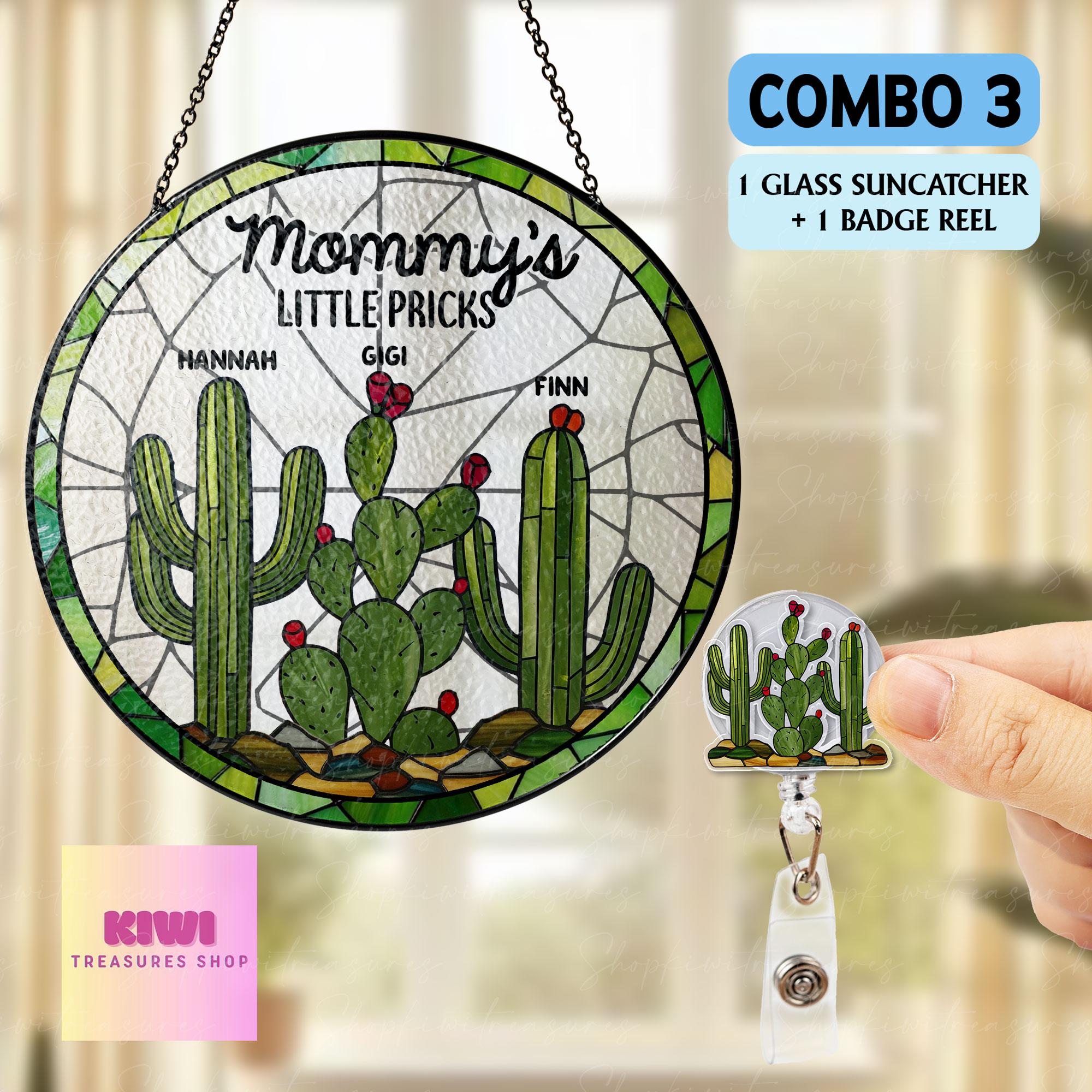 Mom's Little Pricks Glass Suncatcher – Funny Mother’s Day Gift with Kids’ Names, Custom Cactus Ornament for Mom, Personalized Window Decor
