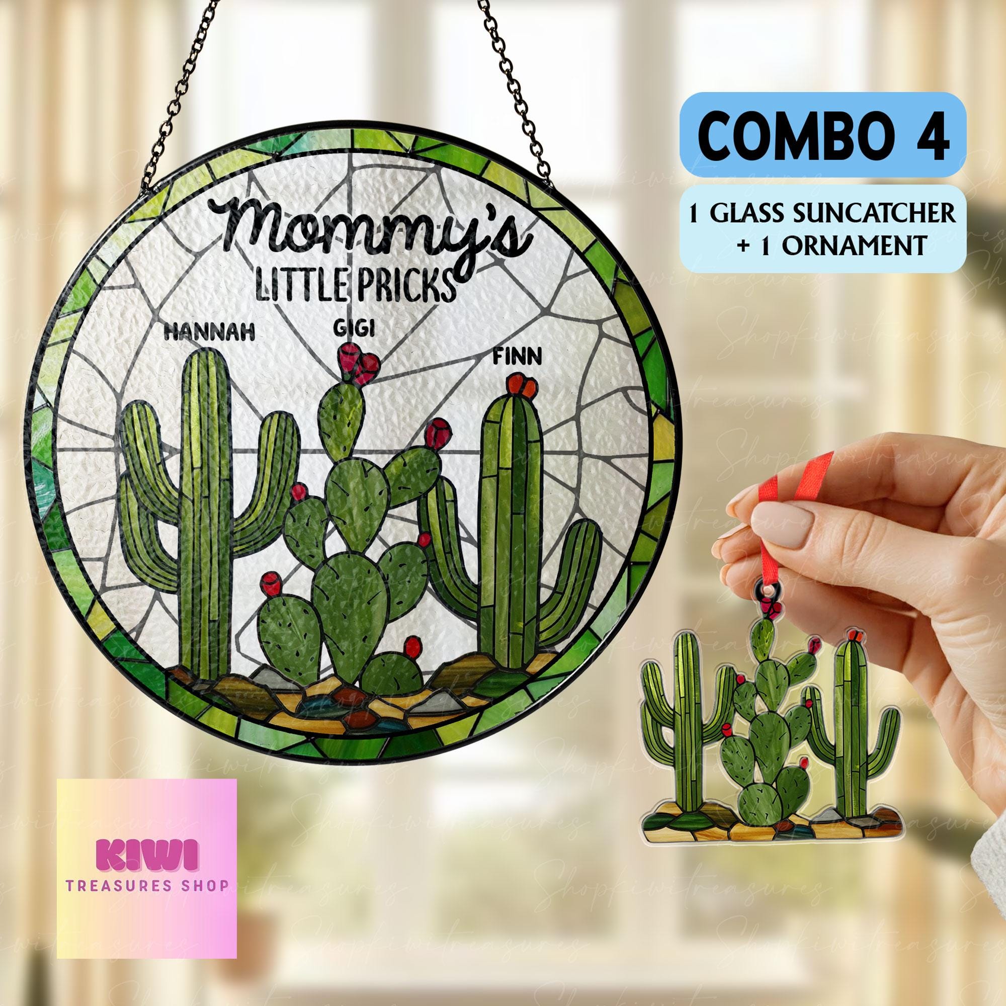 Mom's Little Pricks Glass Suncatcher – Funny Mother’s Day Gift with Kids’ Names, Custom Cactus Ornament for Mom, Personalized Window Decor