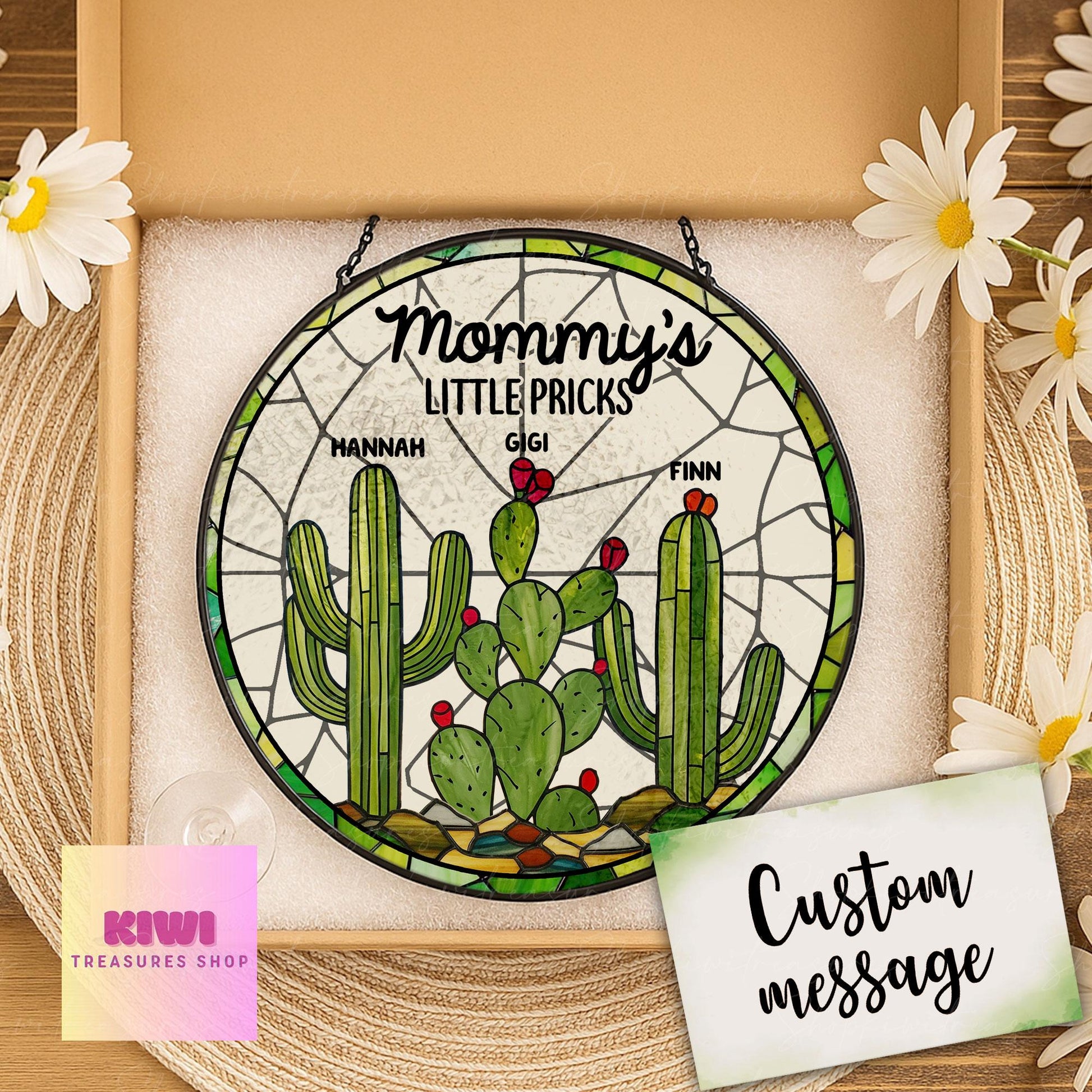 Mom's Little Pricks Glass Suncatcher – Funny Mother’s Day Gift with Kids’ Names, Custom Cactus Ornament for Mom, Personalized Window Decor