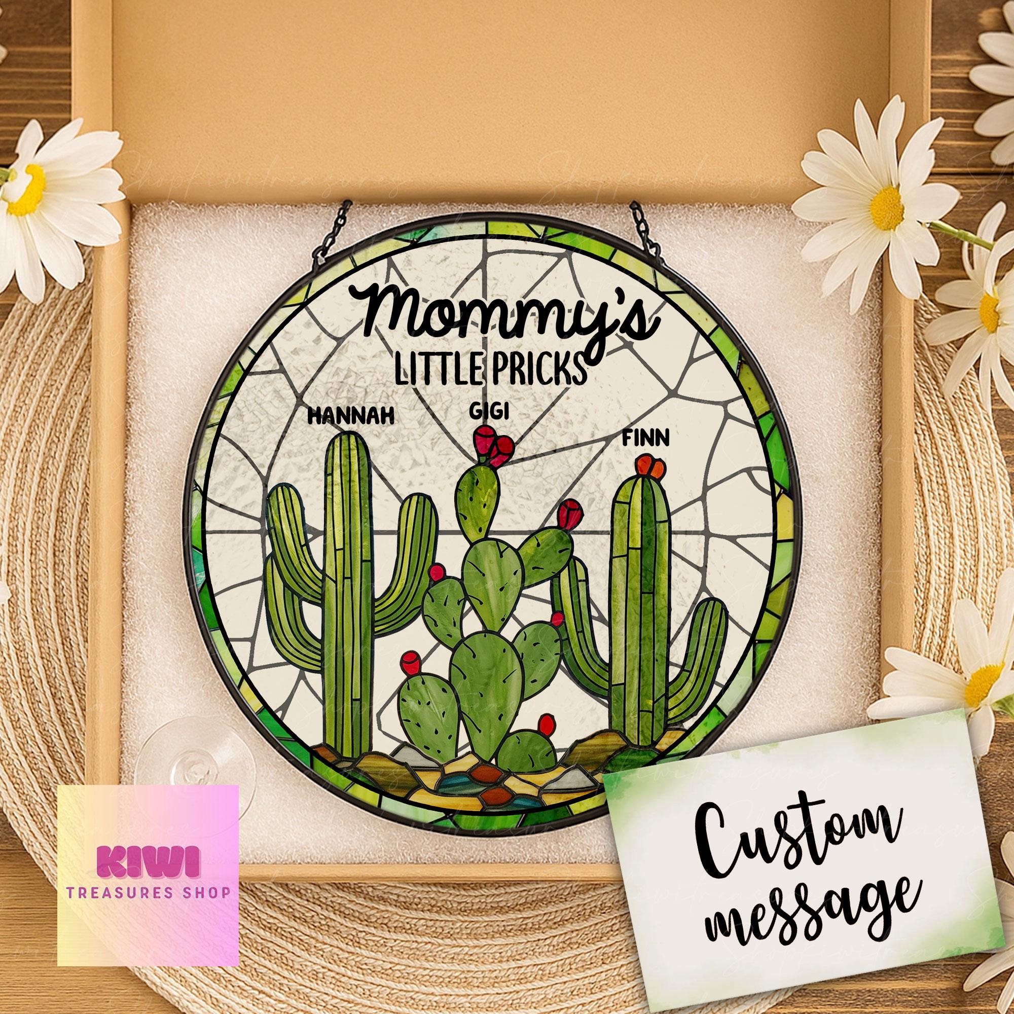 Mom's Little Pricks Glass Suncatcher – Funny Mother’s Day Gift with Kids’ Names, Custom Cactus Ornament for Mom, Personalized Window Decor