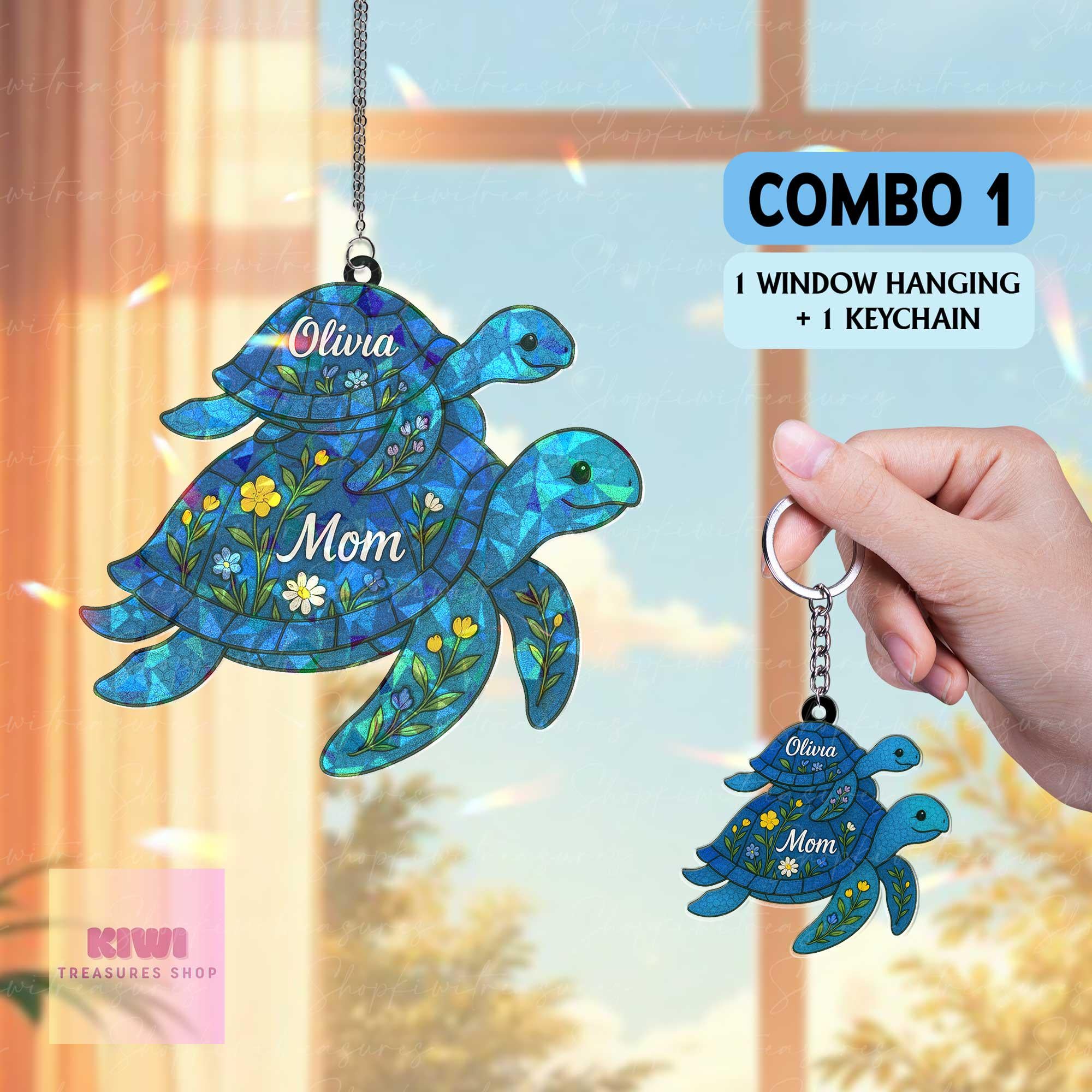 Personalized Turtle Hologram Suncatcher – Mother’s Day Gift for Mom with Kids’ Names, Ocean Animal Window Decor, turtle ornament