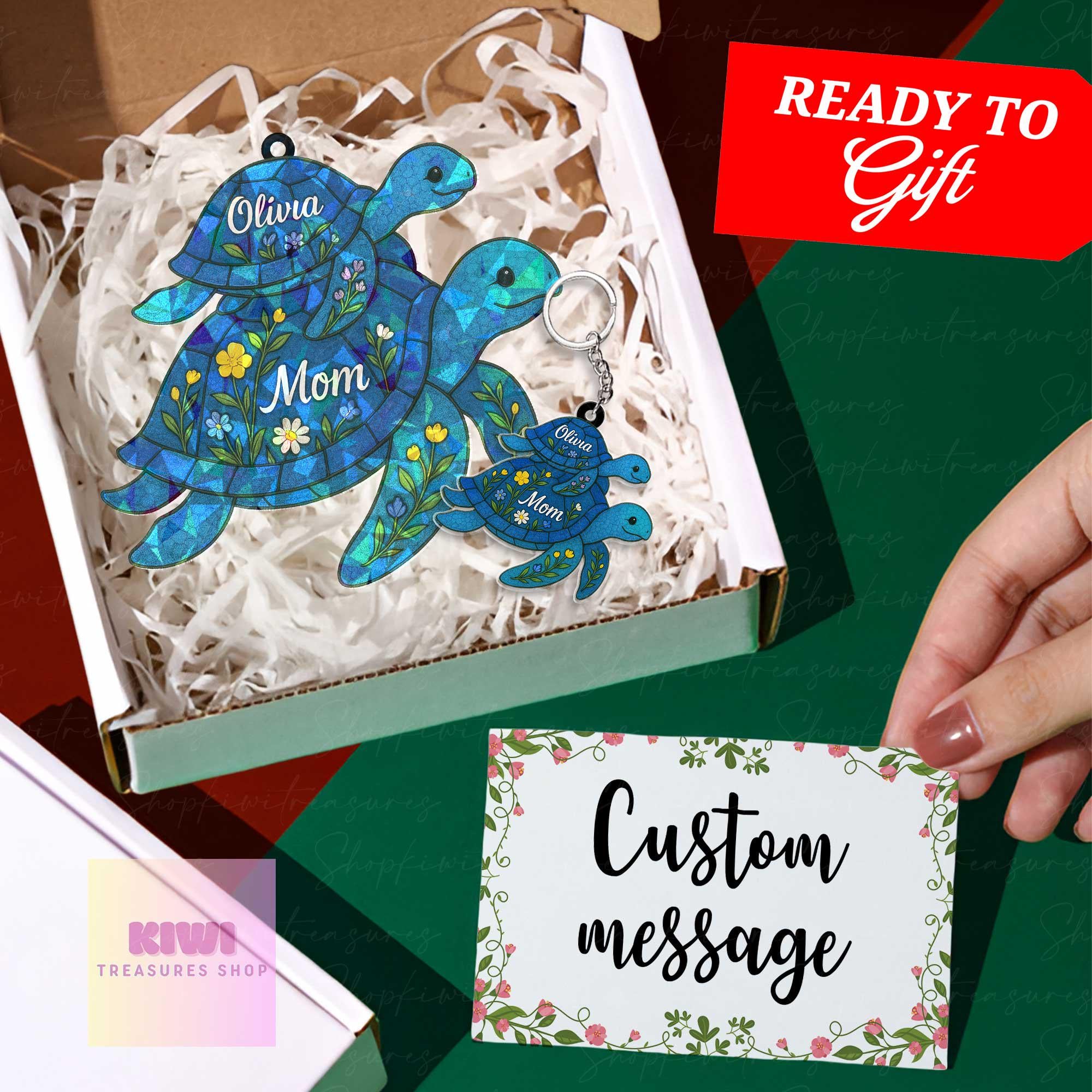 Personalized Turtle Hologram Suncatcher – Mother’s Day Gift for Mom with Kids’ Names, Ocean Animal Window Decor, turtle ornament