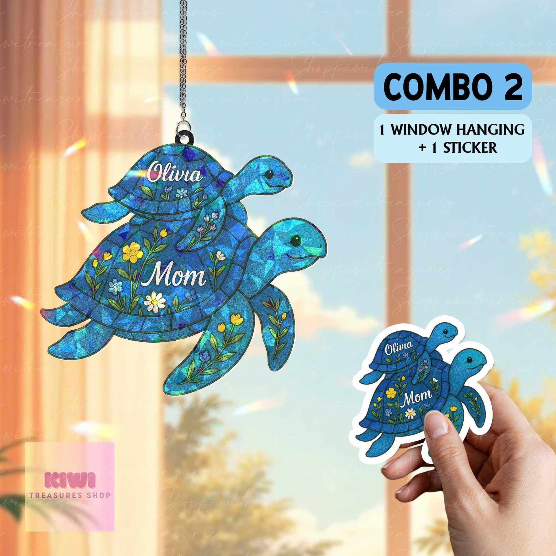 Personalized Turtle Hologram Suncatcher – Mother’s Day Gift for Mom with Kids’ Names, Ocean Animal Window Decor, turtle ornament