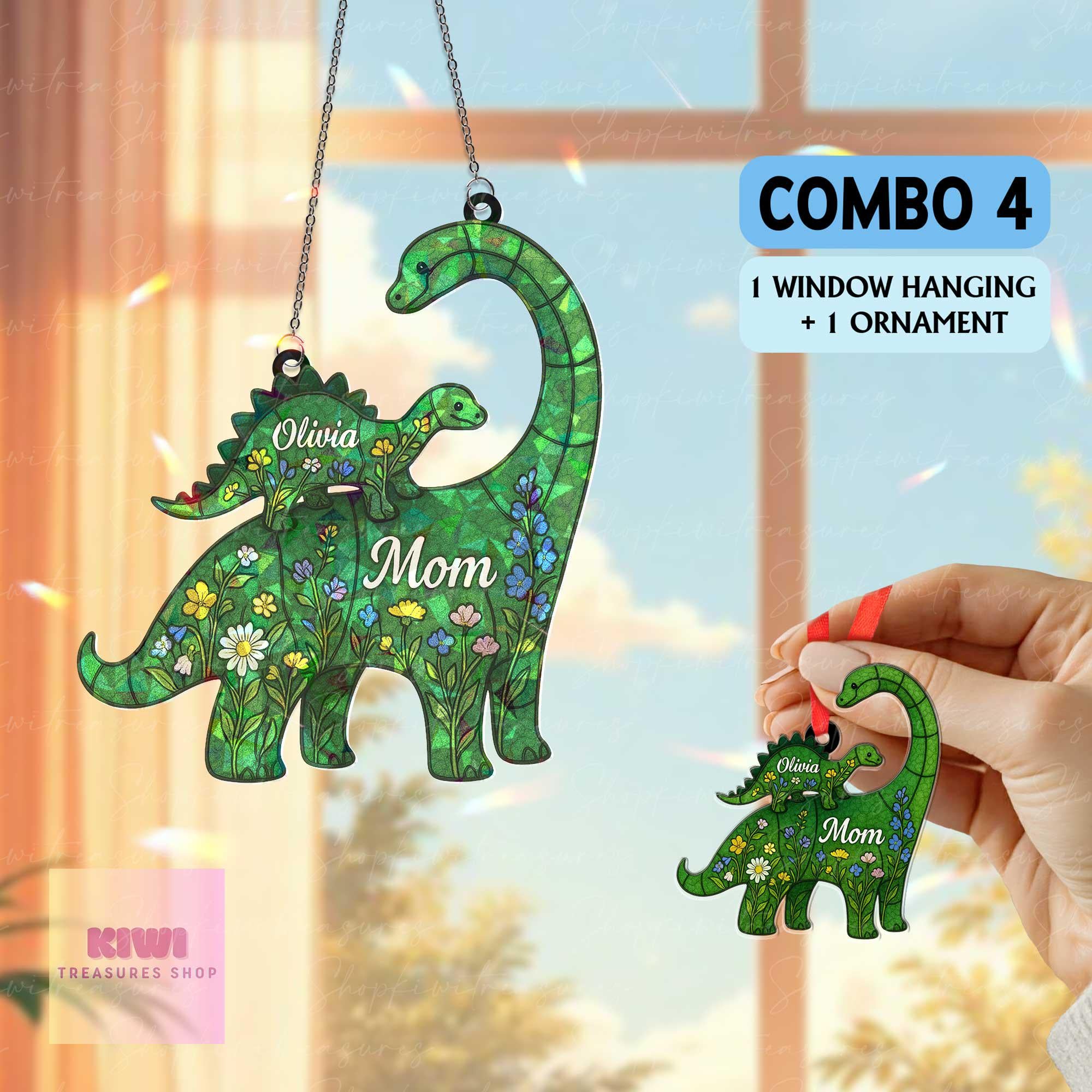 Personalized Dinosaur Mom Hologram Suncatcher – Custom Mother’s Day Gift with Kids’ Names, Cute Floral Dino Ornament,