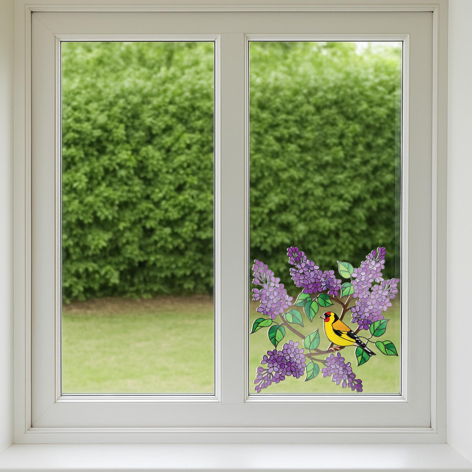 Goldfinch and Lilac Transparent Vinyl Window Decal – Floral Bird Suncatcher Sticker Gift for Mom or Grandma, Greenhouse decor