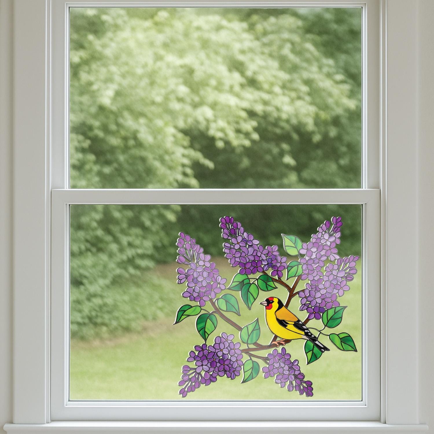 Goldfinch and Lilac Transparent Vinyl Window Decal – Floral Bird Suncatcher Sticker Gift for Mom or Grandma, Greenhouse decor