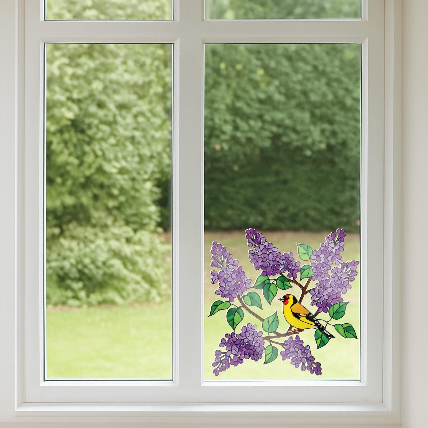 Goldfinch and Lilac Transparent Vinyl Window Decal – Floral Bird Suncatcher Sticker Gift for Mom or Grandma, Greenhouse decor