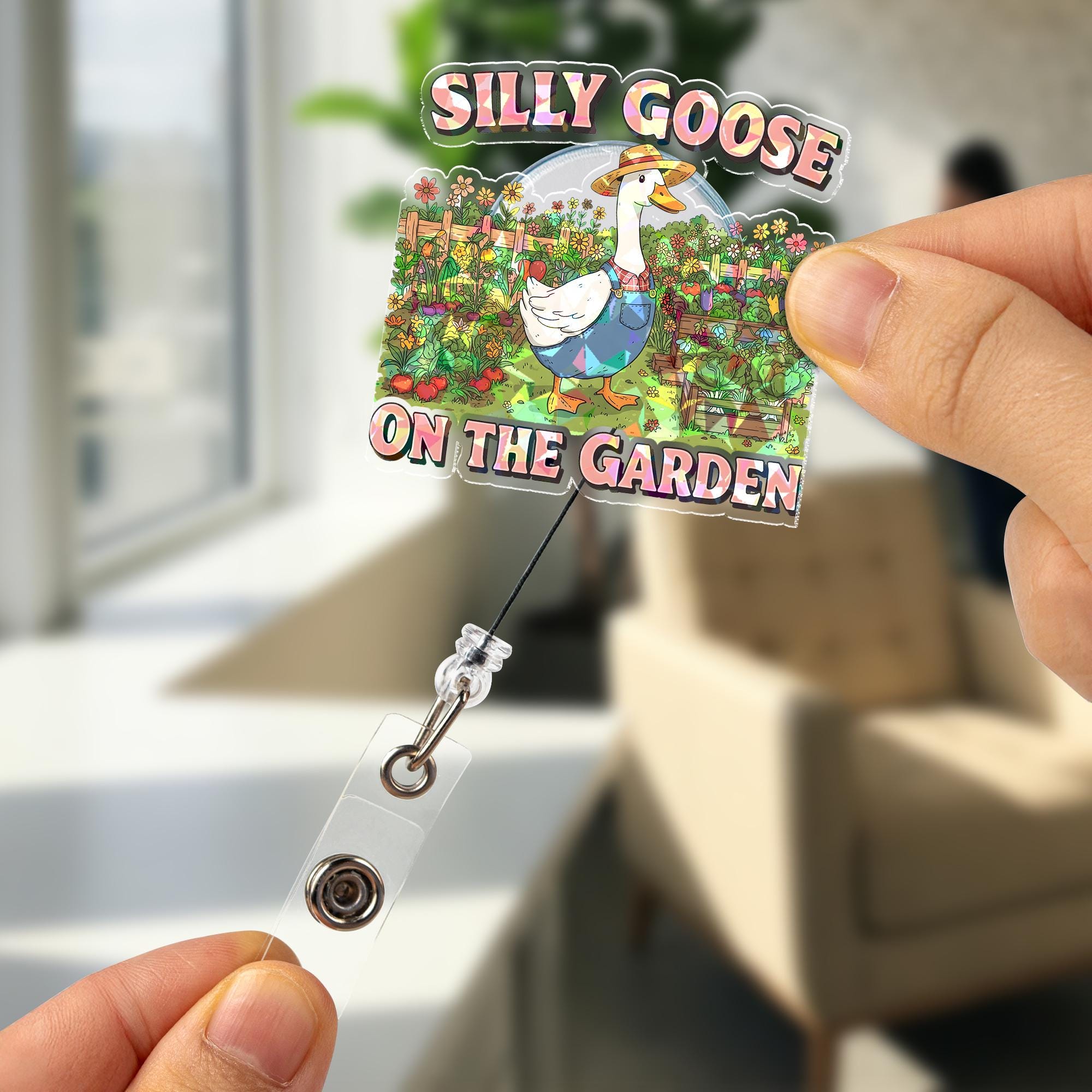 Silly Goose On The Garden Holographic Badge Reel, Funny Goose ID Holder, Cute Gardener Gift, Nurse Teacher Office Accessory