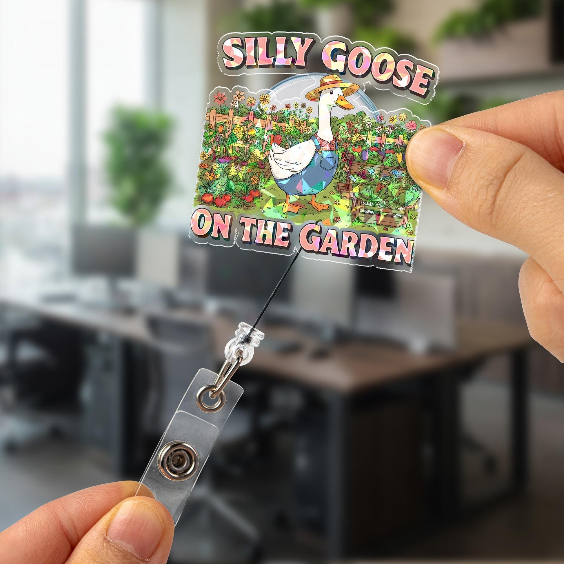 Silly Goose On The Garden Holographic Badge Reel, Funny Goose ID Holder, Cute Gardener Gift, Nurse Teacher Office Accessory