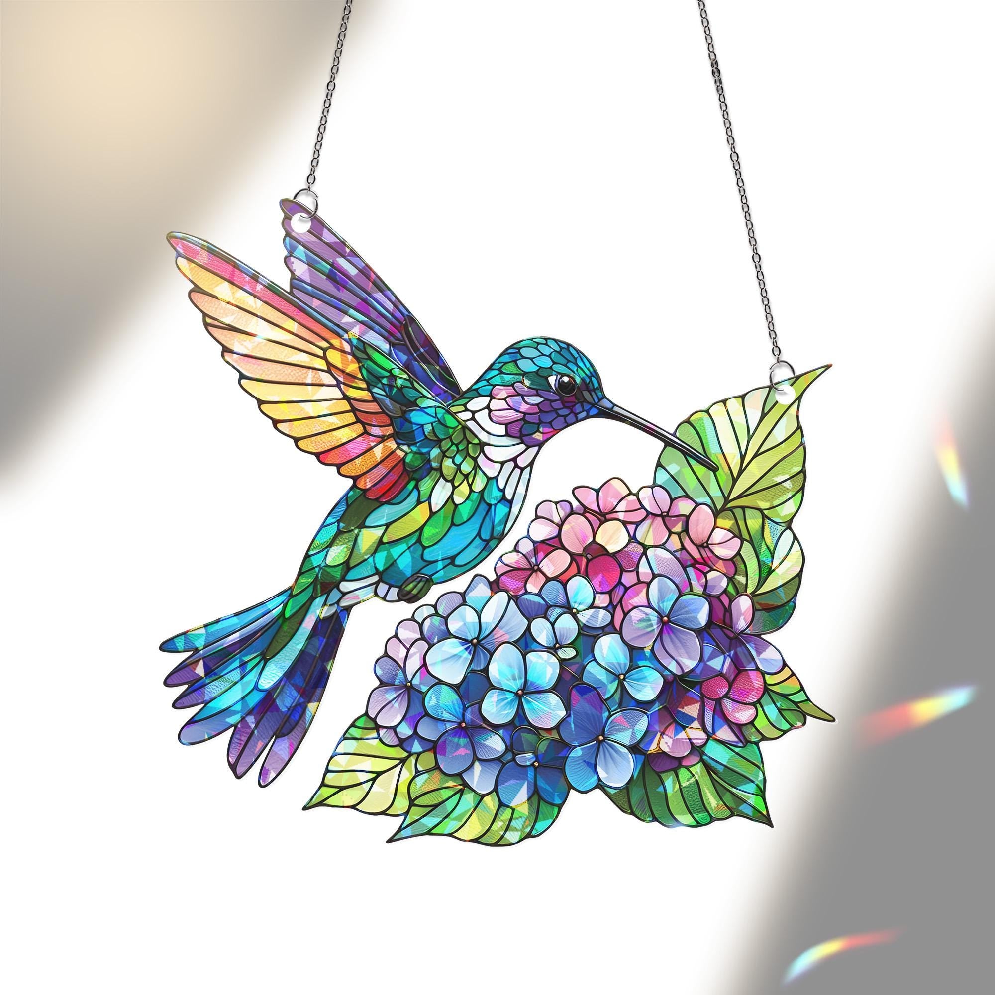 Hummingbird holographic Suncatcher - Mother's Day ACRYLIC Window Hanging Gift for Mom - Colorful Bird & Hydrangea Flower Decor