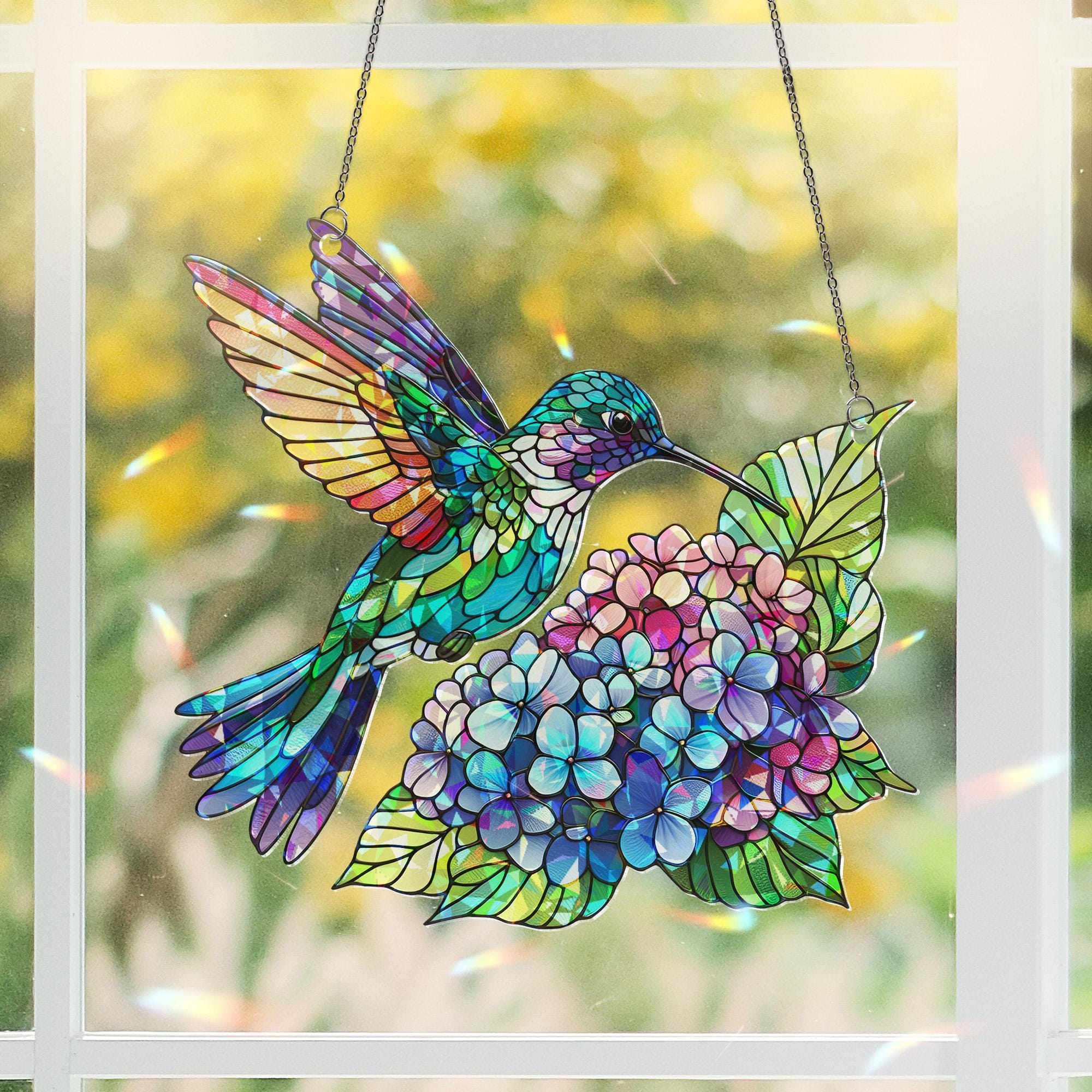 Hummingbird holographic Suncatcher - Mother's Day ACRYLIC Window Hanging Gift for Mom - Colorful Bird & Hydrangea Flower Decor