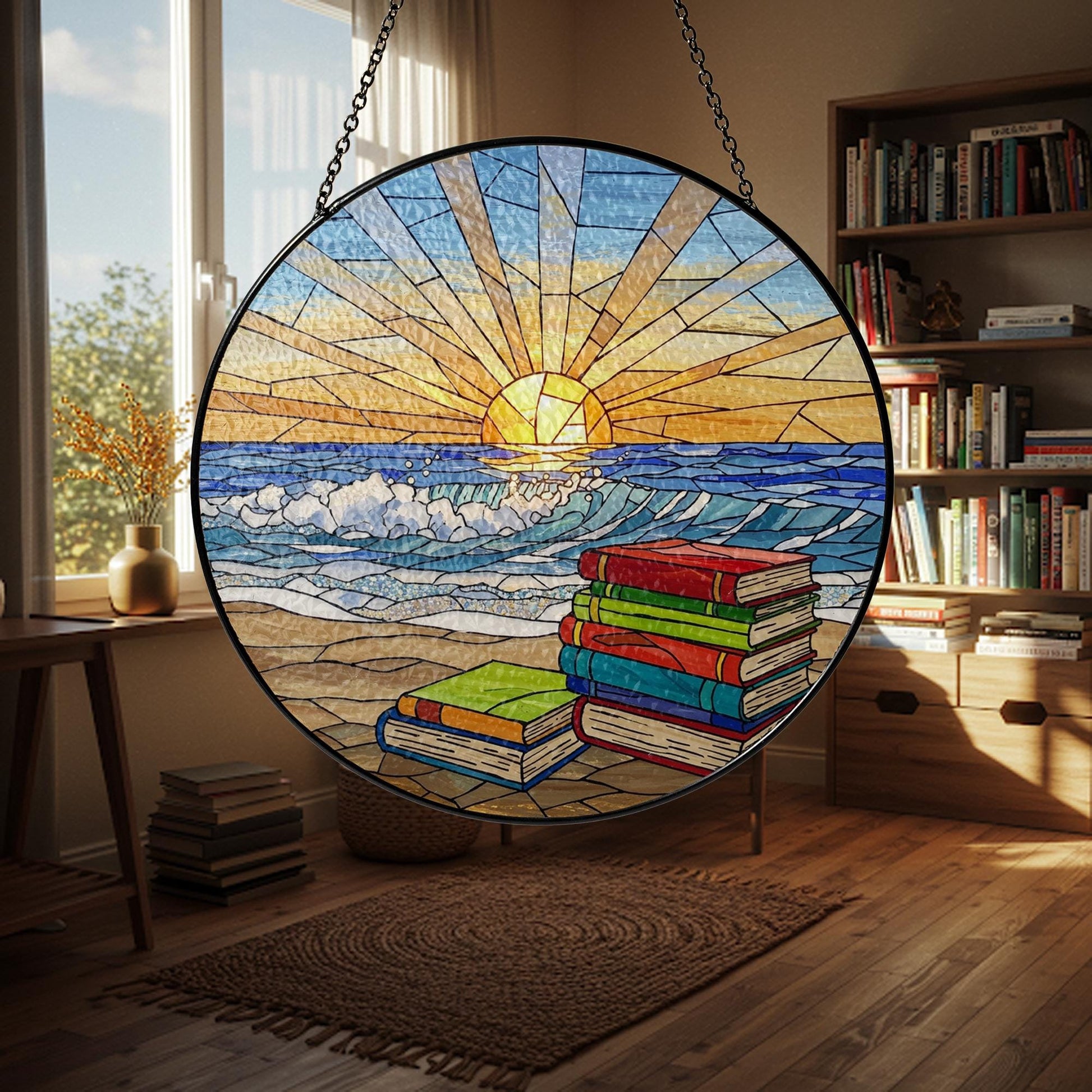 Book Stack And Beach GLASS Suncatcher, Beach Decor, Sunrise Book Lover Gift, Coastal Window Hanging, Reading Sun Catcher Art,Book Lover Gift