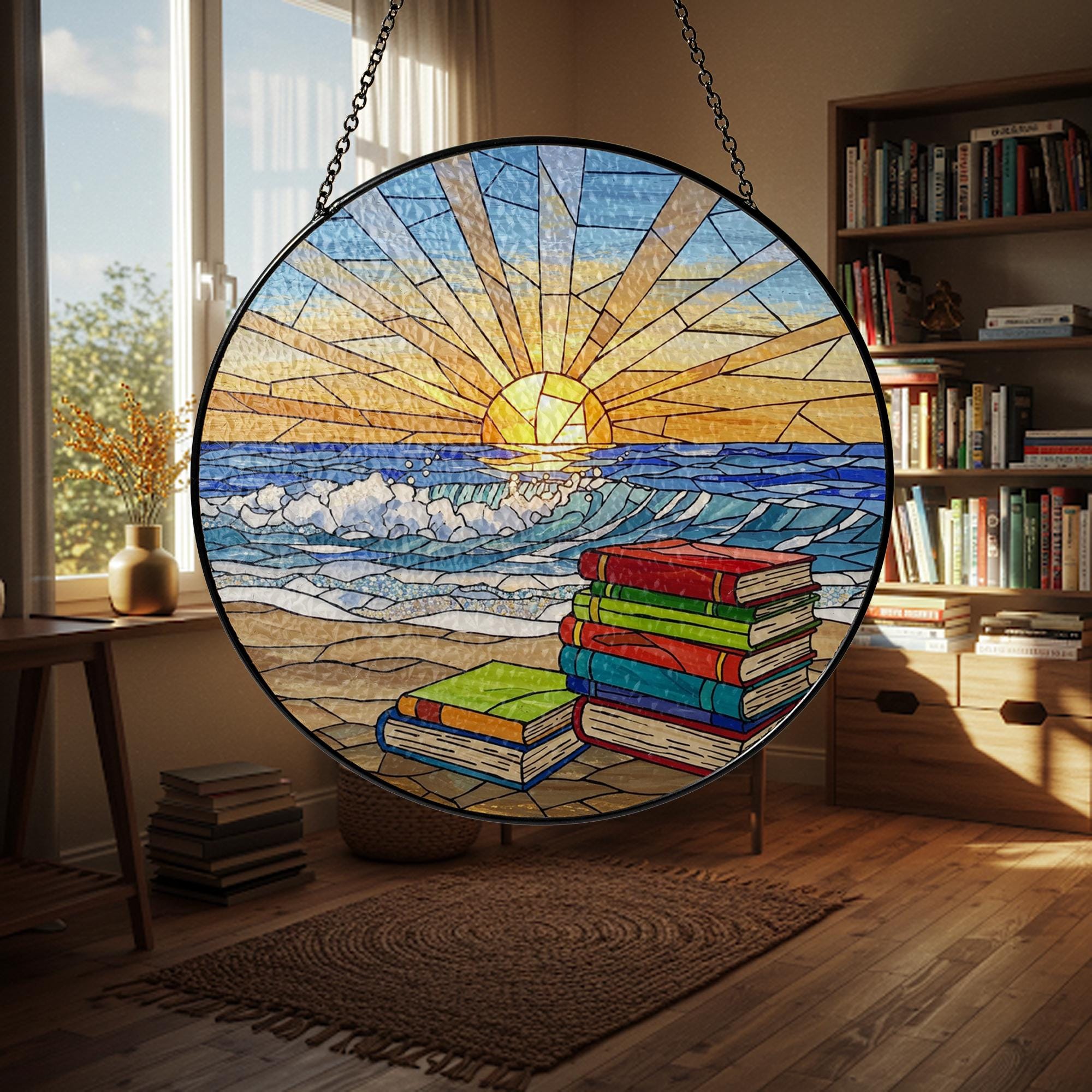 Book Stack And Beach GLASS Suncatcher, Beach Decor, Sunrise Book Lover Gift, Coastal Window Hanging, Reading Sun Catcher Art,Book Lover Gift