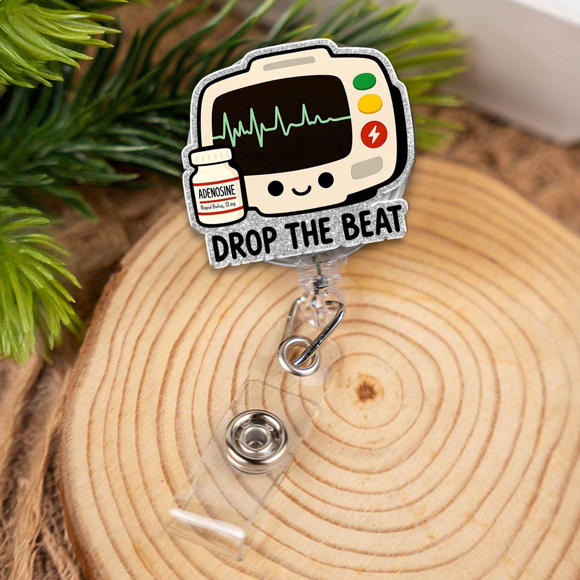 Drop The Beat Adenosine EKG Badge Reel, Funny Nurse Gift, Cute Heart Monitor Retractable ID Holder for Doctor EMT Cardiac Healthcare