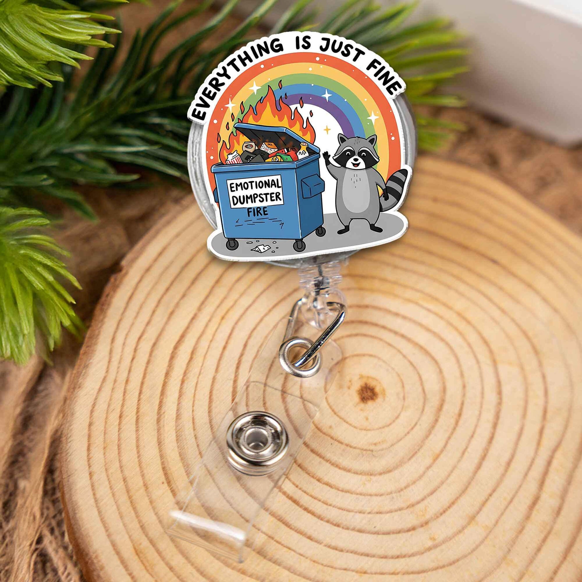 Emotional Dumpster Fire Badge Reel, Funny Raccoon Everything Is Fine ID Holder, Sarcastic Nurse Teacher Office Gift, Retractable Clip