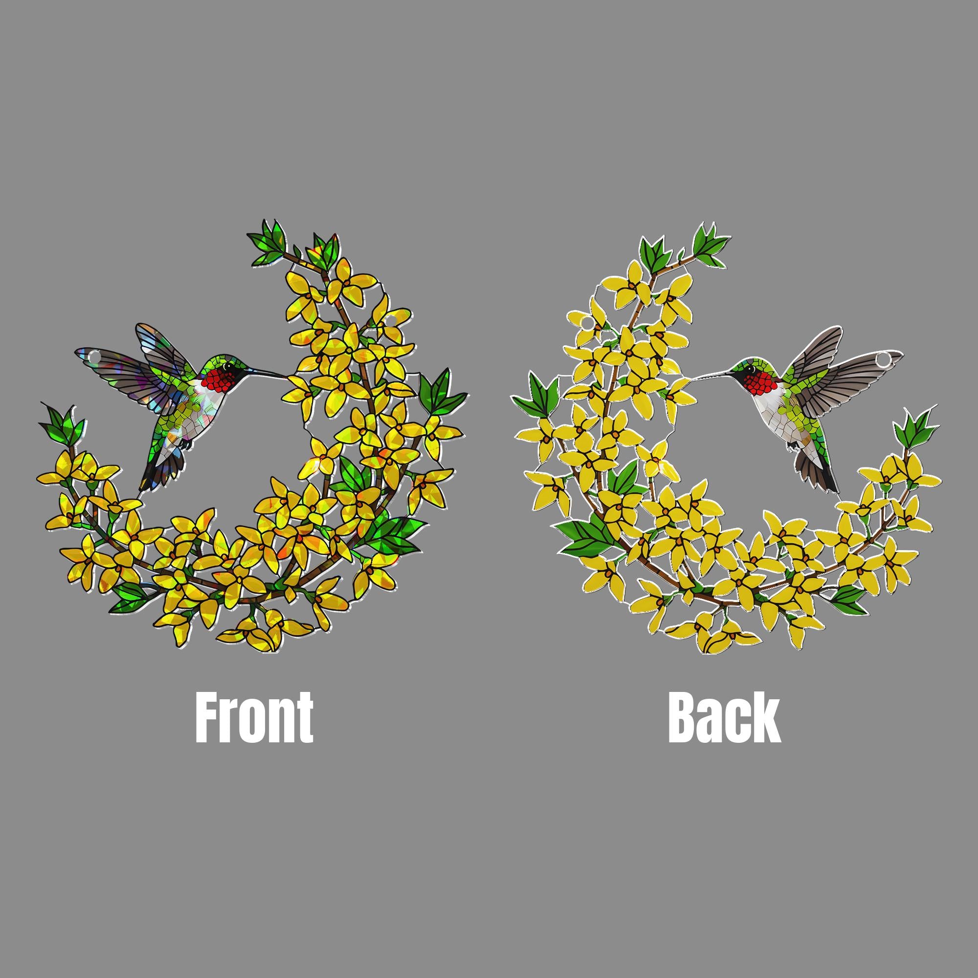 Hummingbird with Forsythia Flowers Acrylic Decor, Nature-Inspired Art, Bird Lover Gift, Floral Window Hanging, Spring Decor