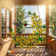 Hummingbird with Forsythia Flowers Acrylic Decor, Nature-Inspired Art, Bird Lover Gift, Floral Window Hanging, Spring Decor