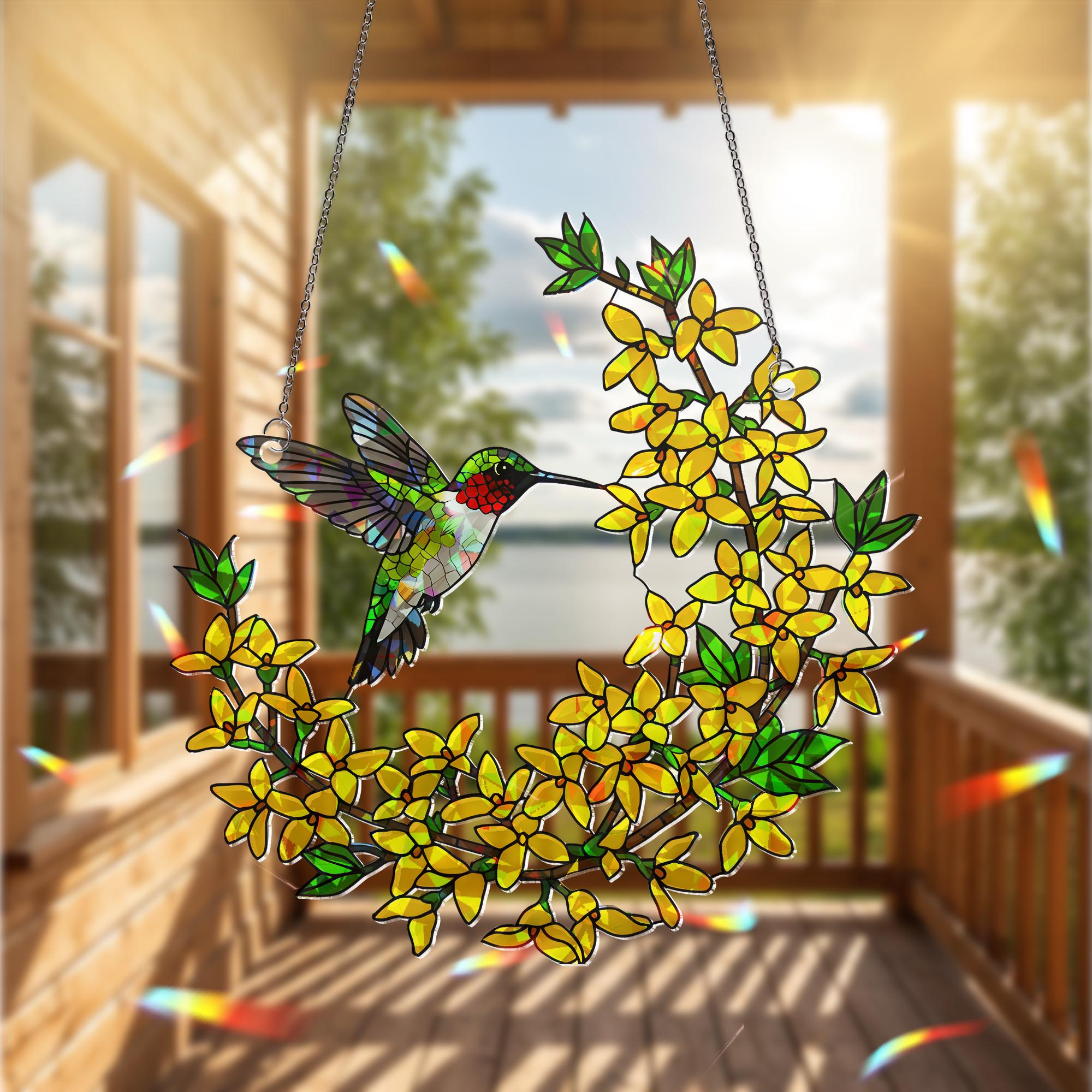 Hummingbird with Forsythia Flowers Acrylic Decor, Nature-Inspired Art, Bird Lover Gift, Floral Window Hanging, Spring Decor