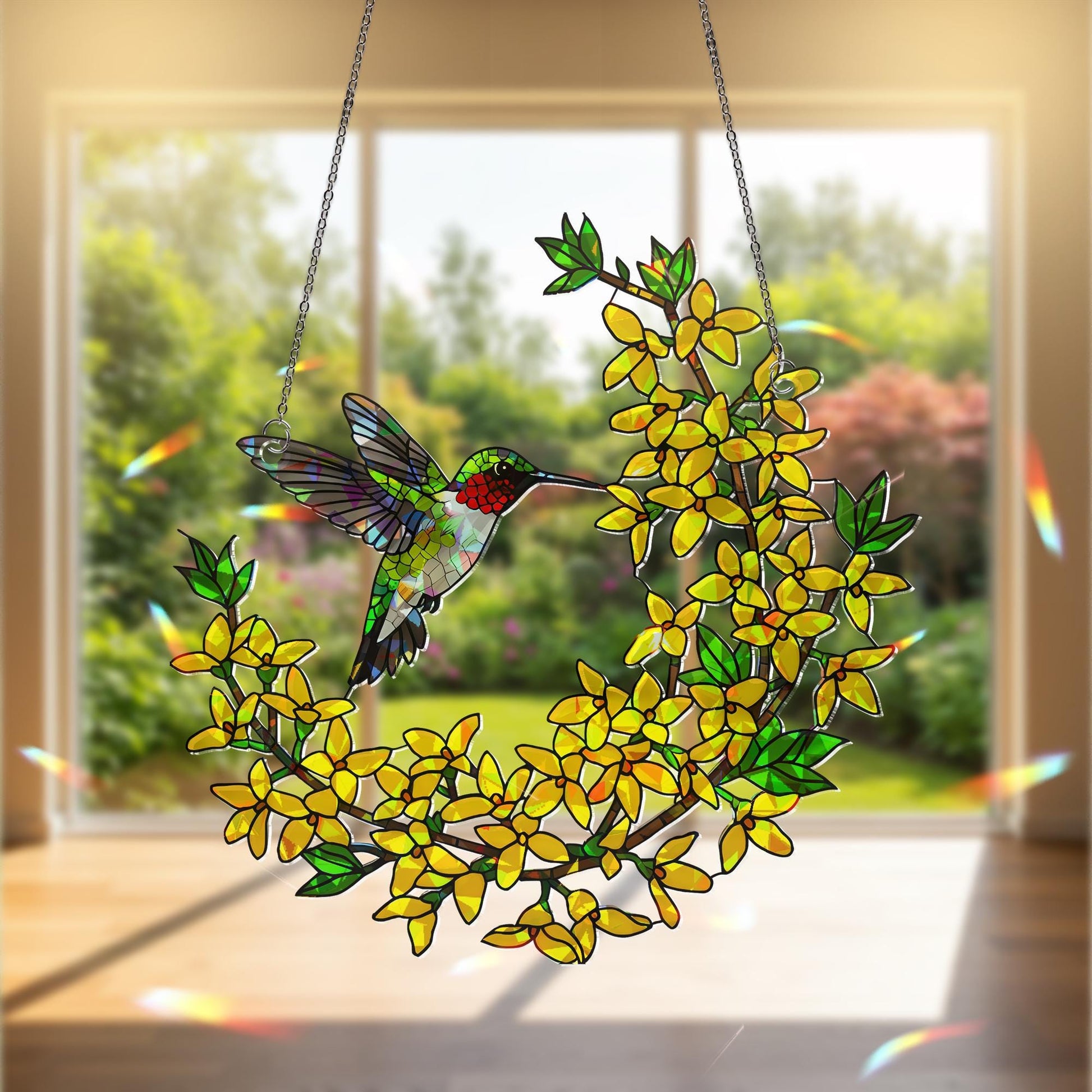 Hummingbird with Forsythia Flowers Acrylic Decor, Nature-Inspired Art, Bird Lover Gift, Floral Window Hanging, Spring Decor