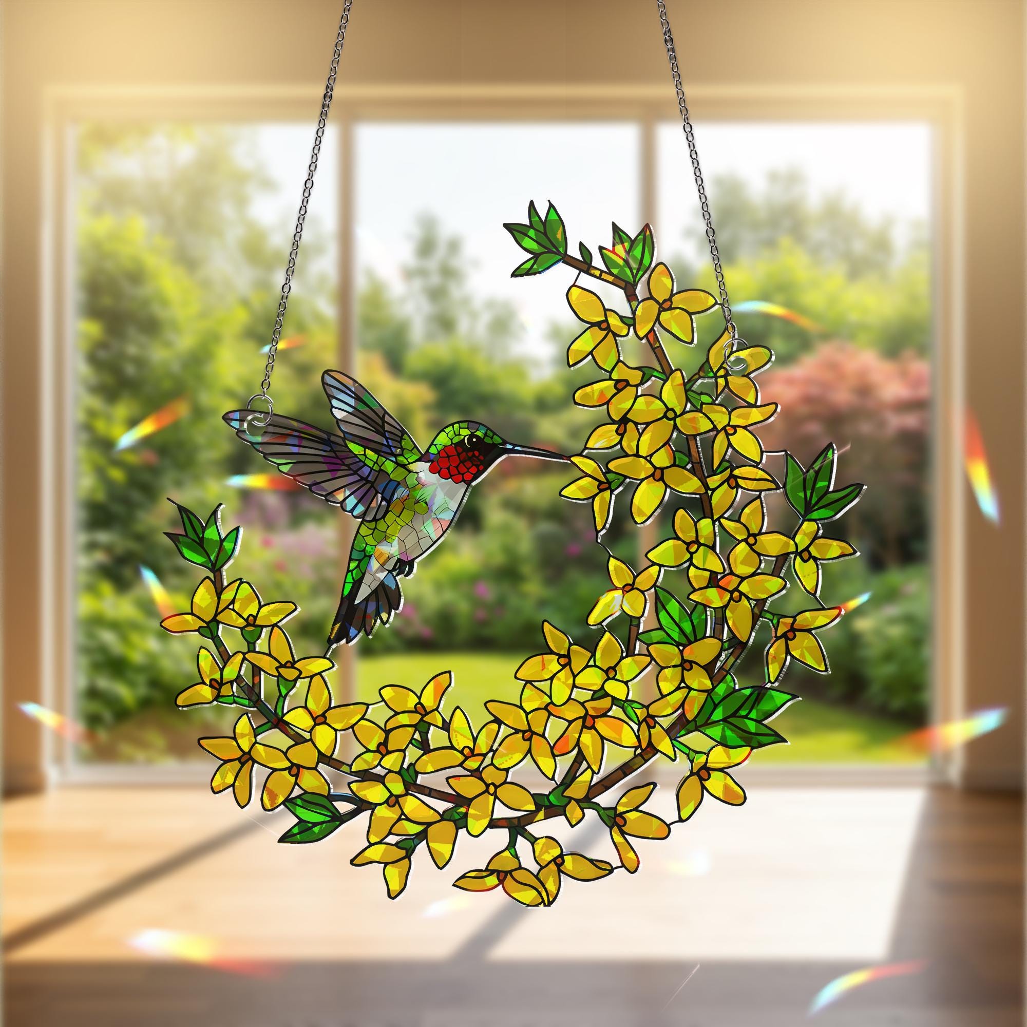 Hummingbird with Forsythia Flowers Acrylic Decor, Nature-Inspired Art, Bird Lover Gift, Floral Window Hanging, Spring Decor