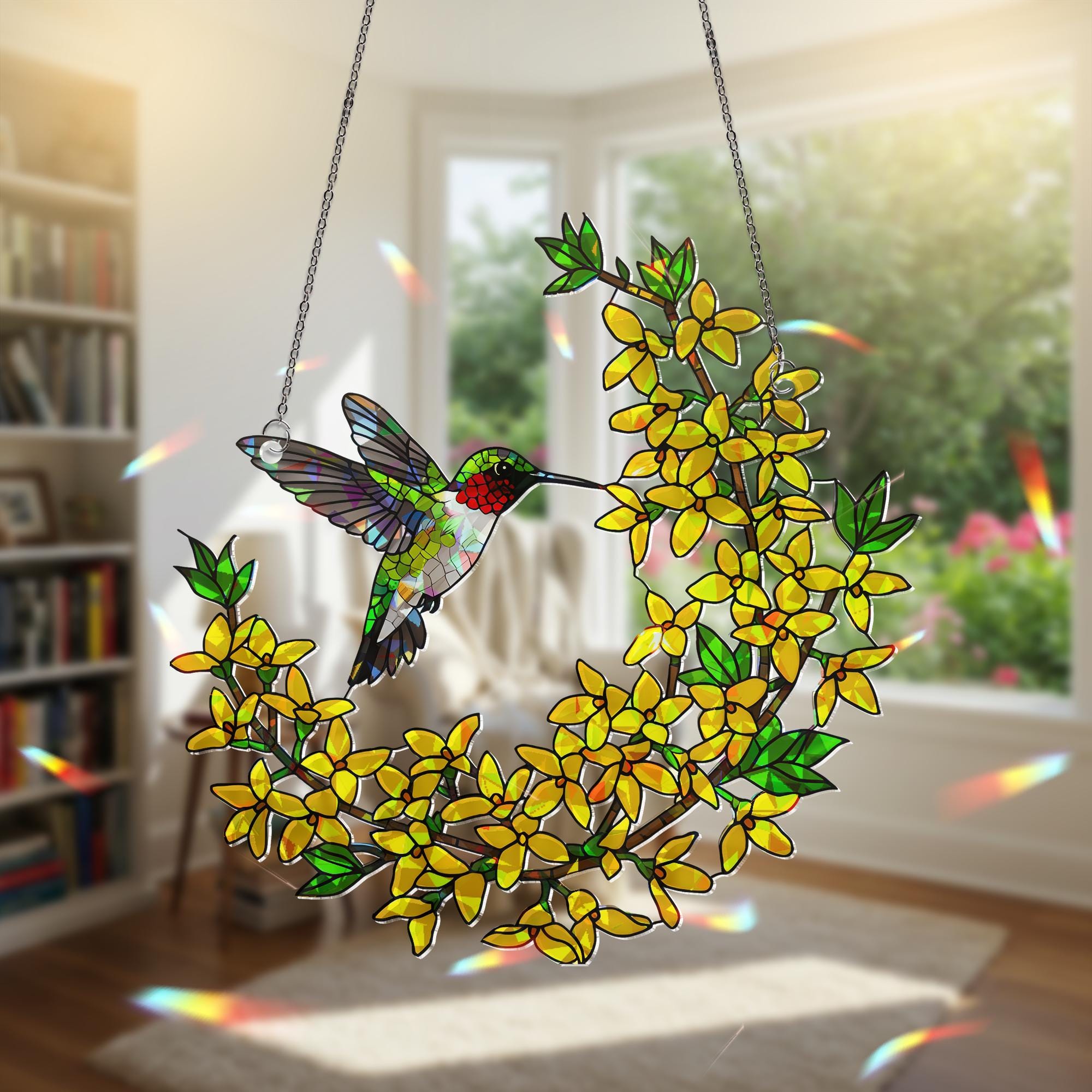 Hummingbird with Forsythia Flowers Acrylic Decor, Nature-Inspired Art, Bird Lover Gift, Floral Window Hanging, Spring Decor