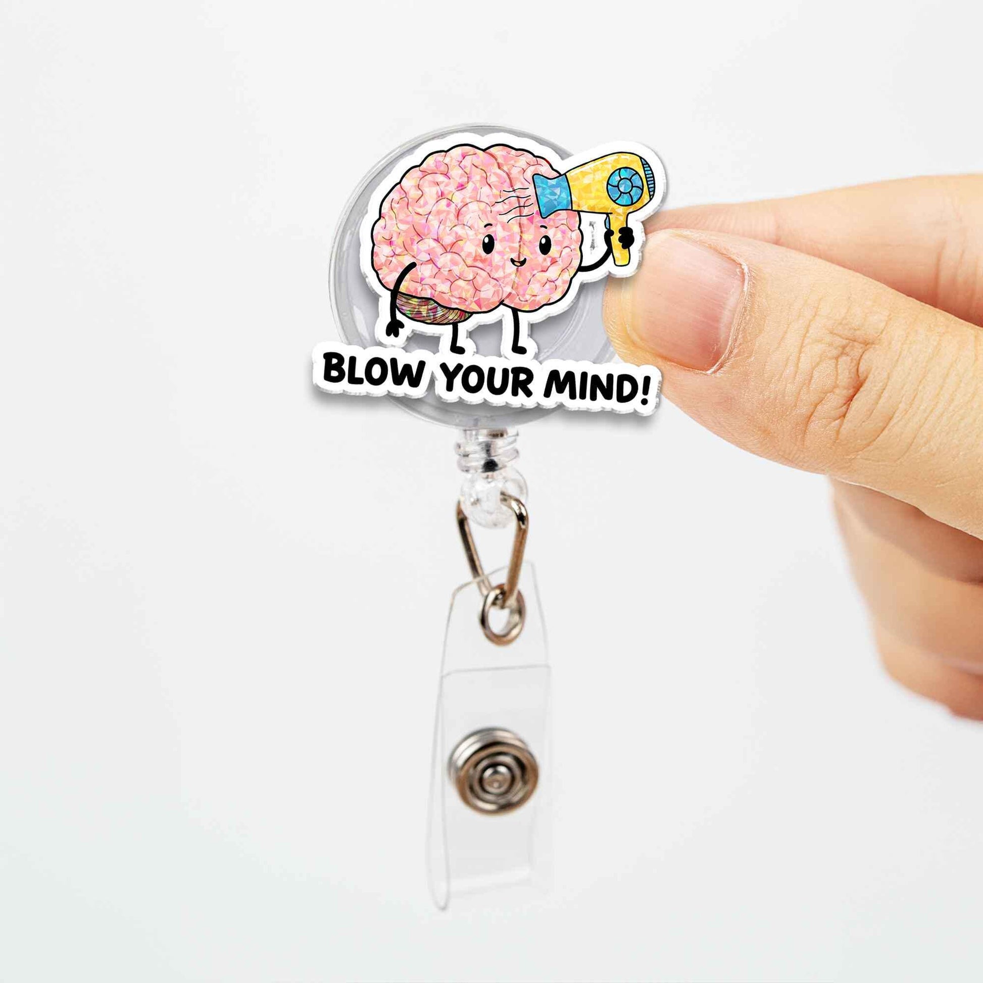 Blow Your Mind Brain Badge Reel, Funny Pun Cute Cartoon Retractable ID Holder, Gift for Nurse Doctor Teacher Student Neuro Psych