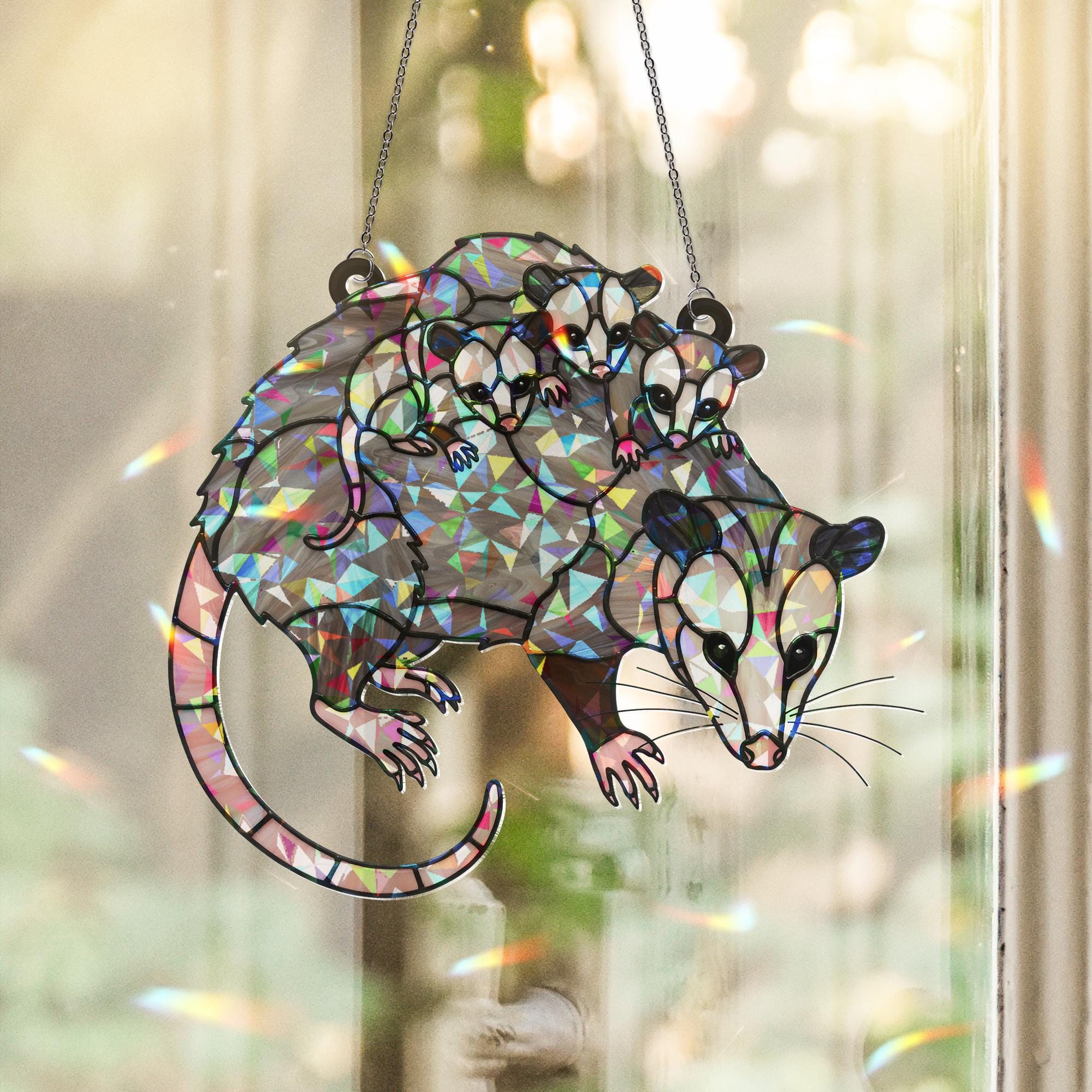 Opossum Mom Acrylic Suncatcher - Hologram Mother's Day Gift - Whimsical Mom Suncatcher - Opossum Family Window Decor gift for mom