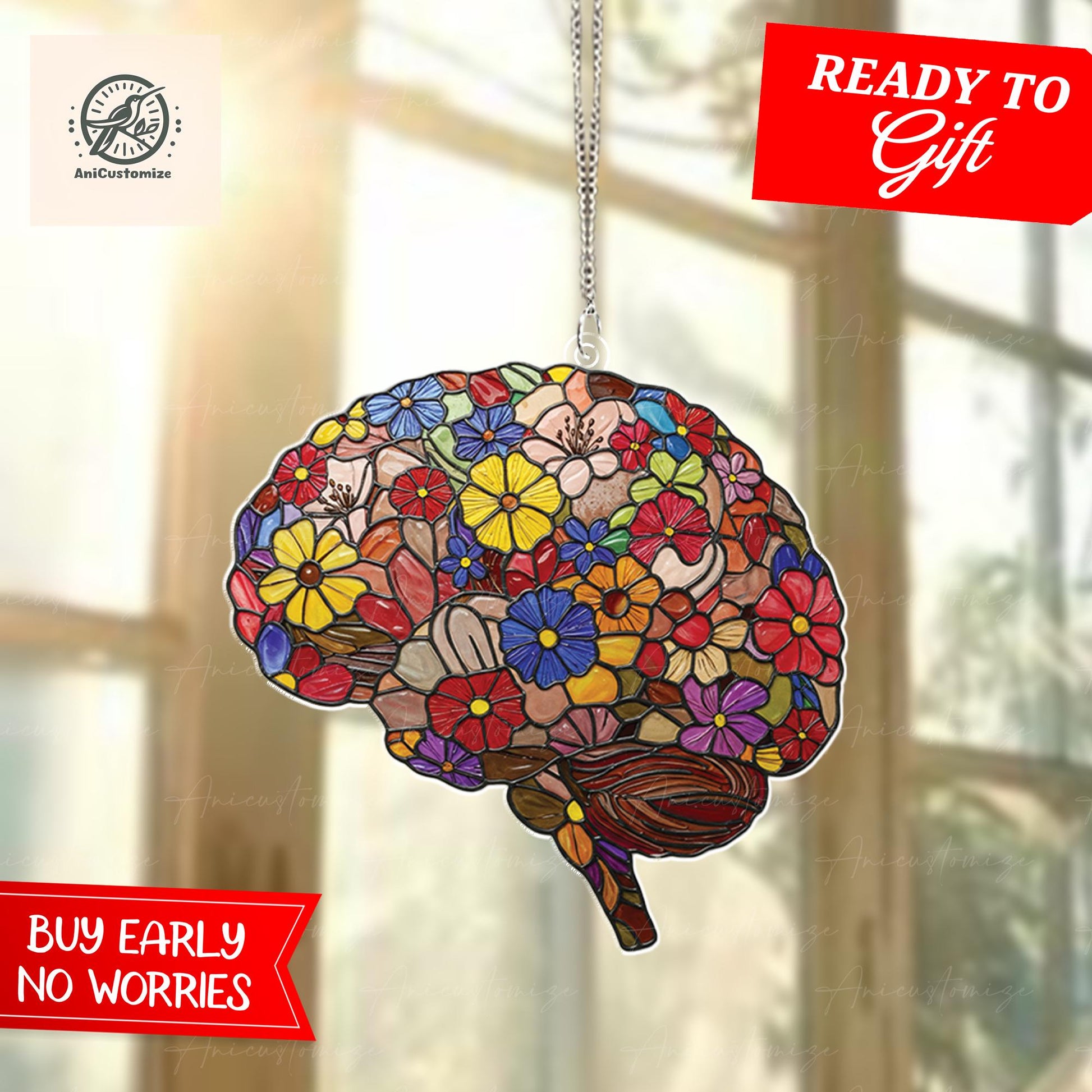 Floral Anatomical Brain ACRYLIC Window Hanging, Science Mom Gift, Unique Gift for Neuro Lovers, Scientist Lover
