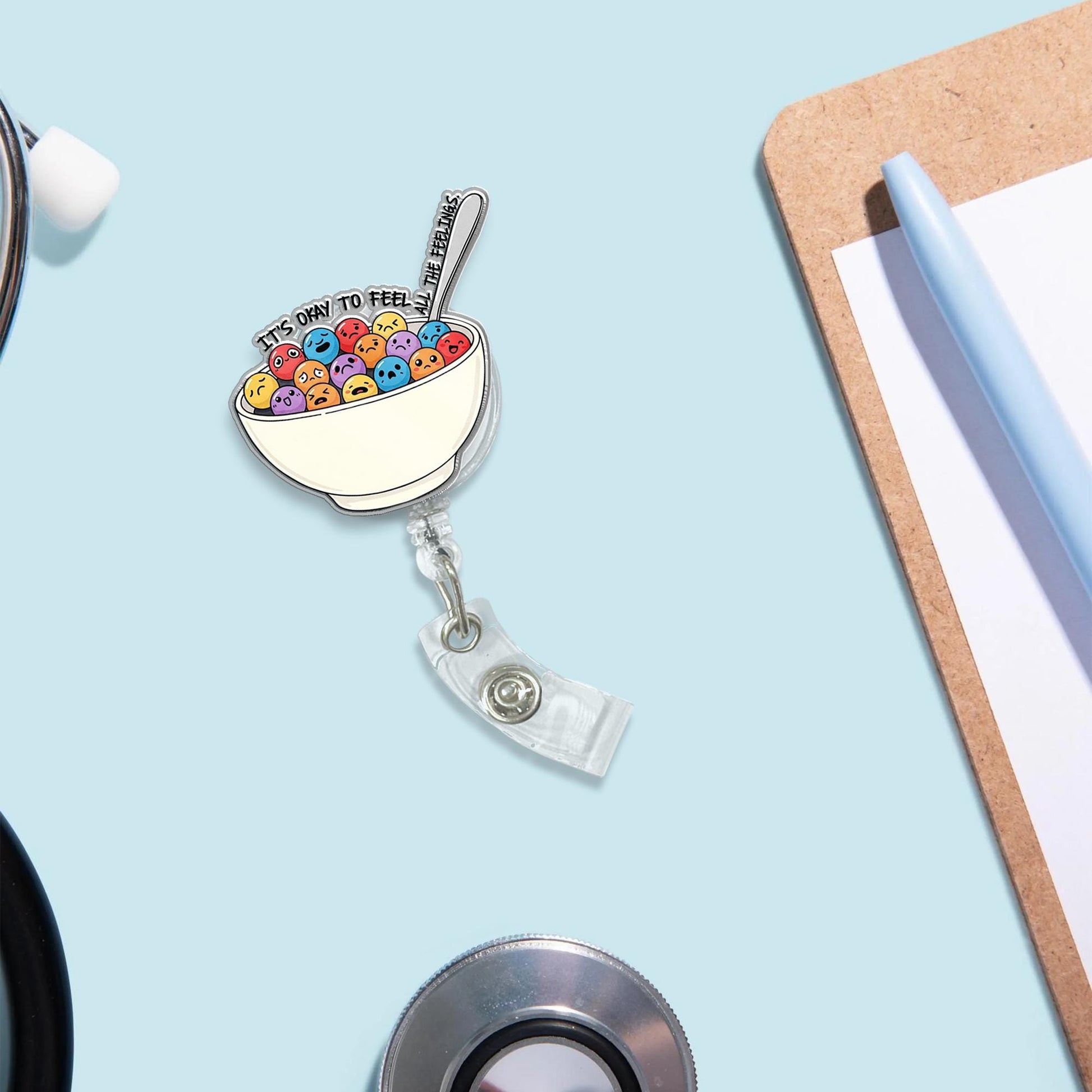 It's Okay to Feel Badge Reel | Emotional Cereal Bowl ID Holder | Mental Health Gift for Nurses, Therapists, Teachers, Counselors
