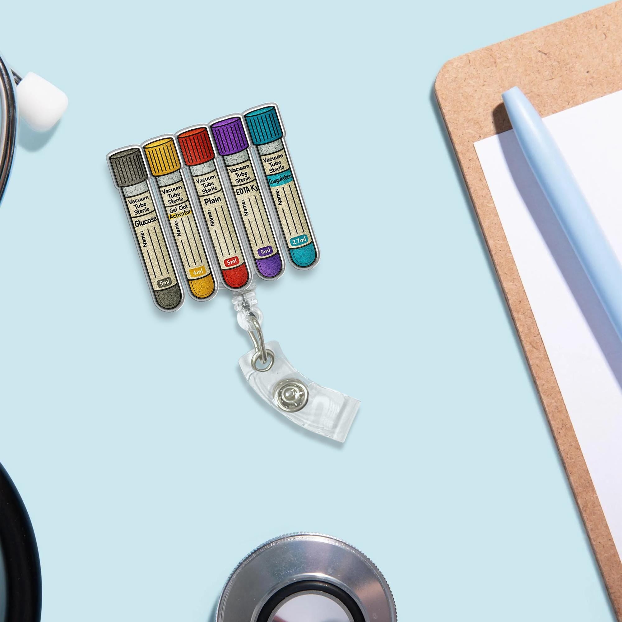 Colorful Blood Vial Tube Badge Reel | Lab Tech Phlebotomist ID Holder | Funny Nurse Gift | Medical Lab Badge Clip for Healthcare