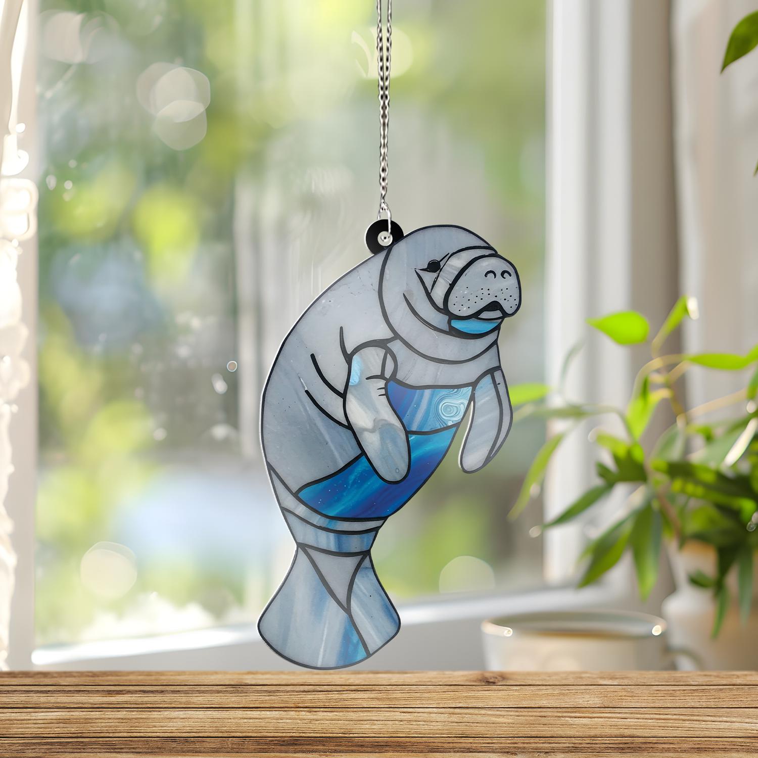 Manatee Acrylic Window Hanging Decor, Cute Manatee Ornament, Gift for Manatee Lover, Ocean Animal Wall Art Beach House