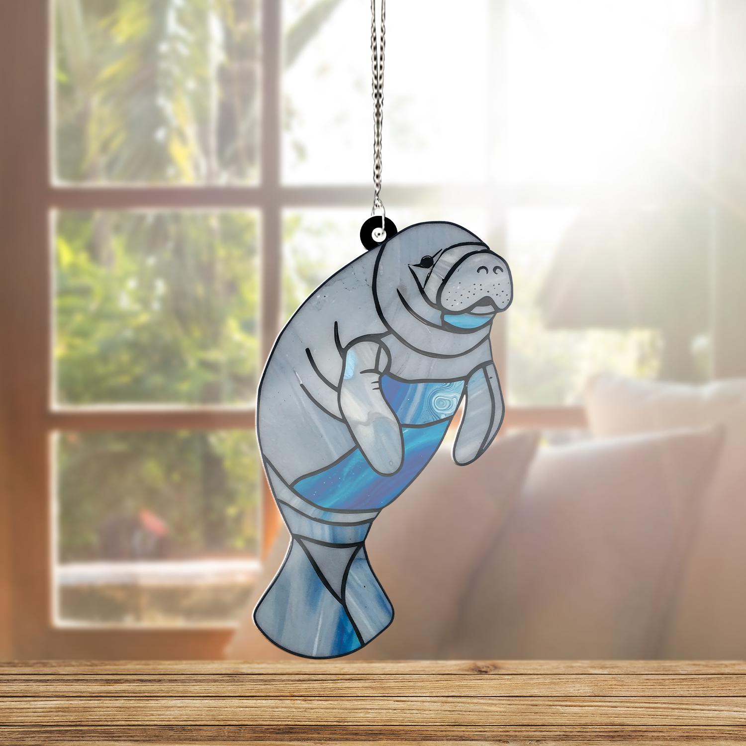 Manatee Acrylic Window Hanging Decor, Cute Manatee Ornament, Gift for Manatee Lover, Ocean Animal Wall Art Beach House
