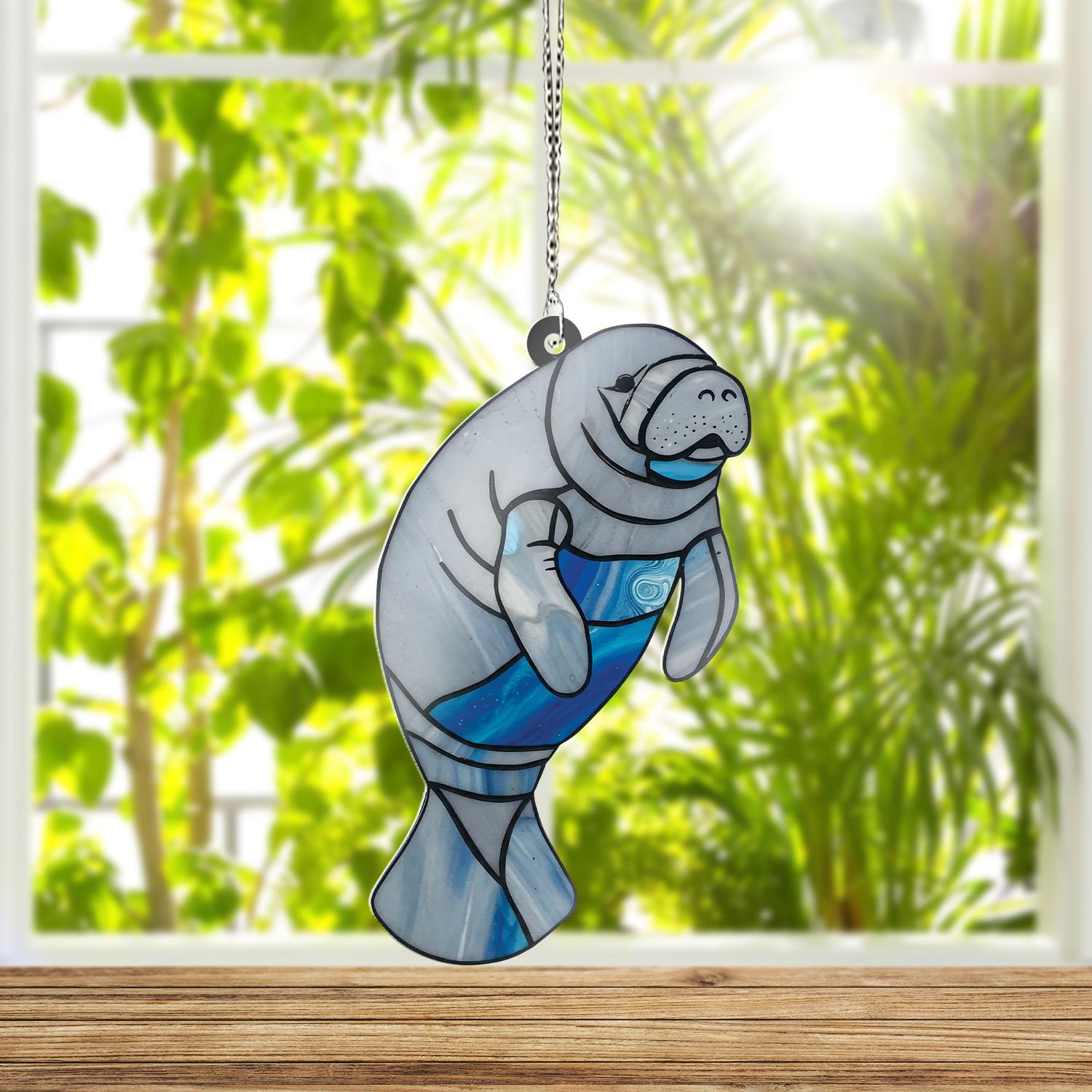 Manatee Acrylic Window Hanging Decor, Cute Manatee Ornament, Gift for Manatee Lover, Ocean Animal Wall Art Beach House